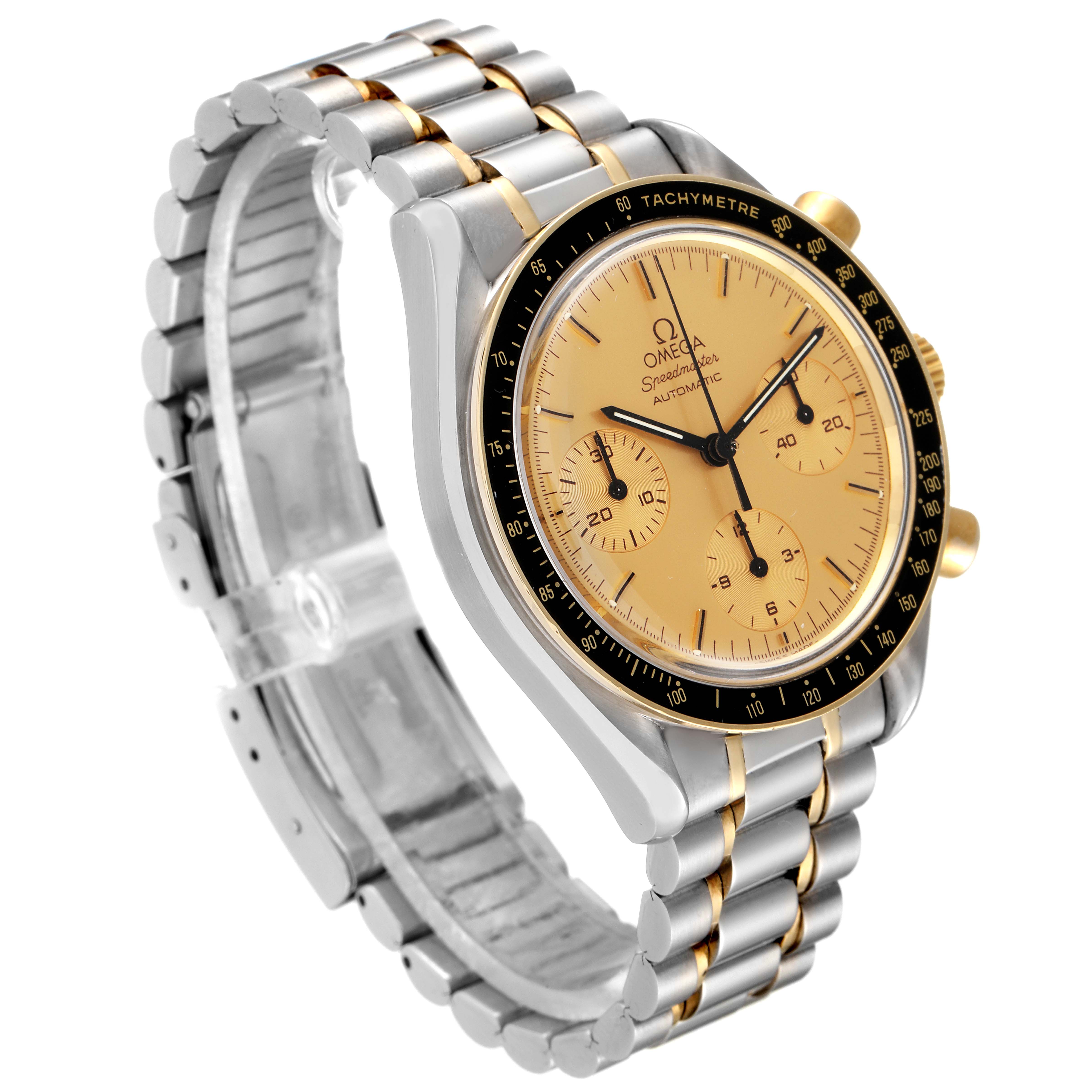The Omega Speedmaster 3310.10.00 Men
s Steel and Gold (two tone) Champagne Dial 3310.10.00 Men
s Steel and Gold (two tone) Champagne Dial watch shown is angled to display the dial, bezel, crown, chronograph buttons, and metal bracelet.