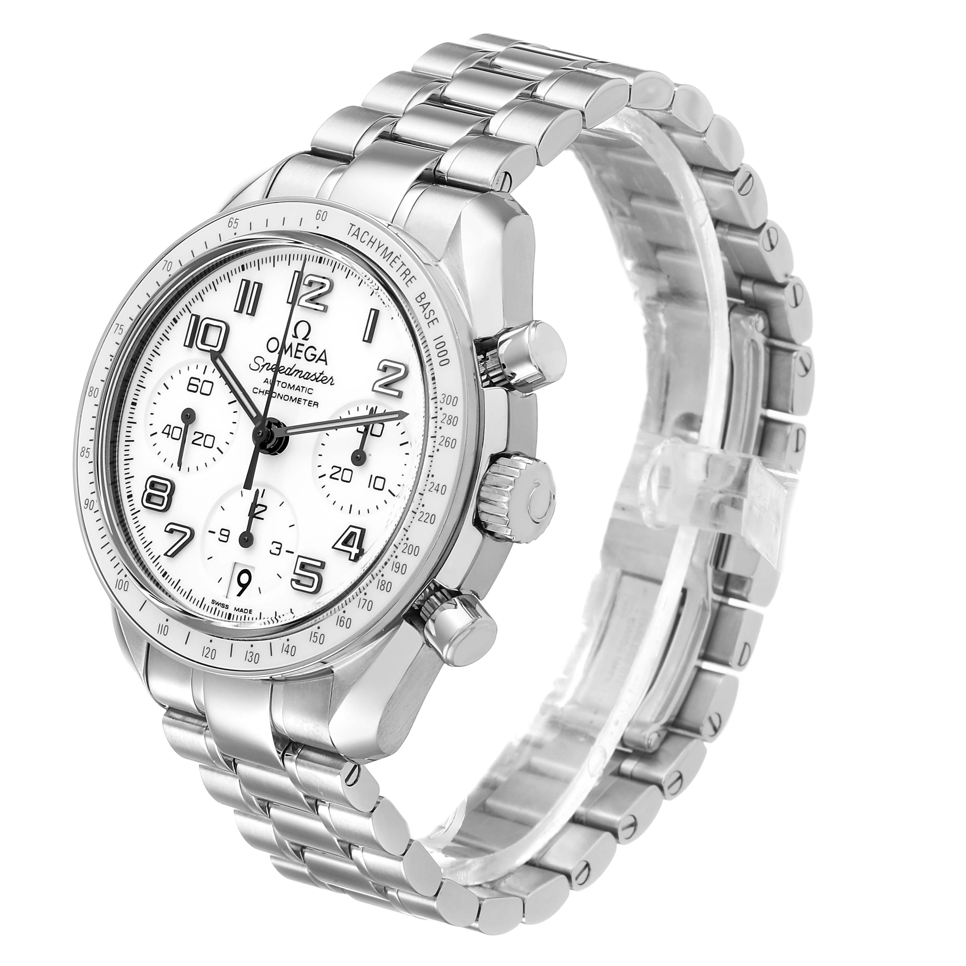 The Omega Speedmaster 324.30.38.40.04.001 Men's Stainless Steel White Dial watch is shown at an angle highlighting the face, bezel, pushers, and metal bracelet.