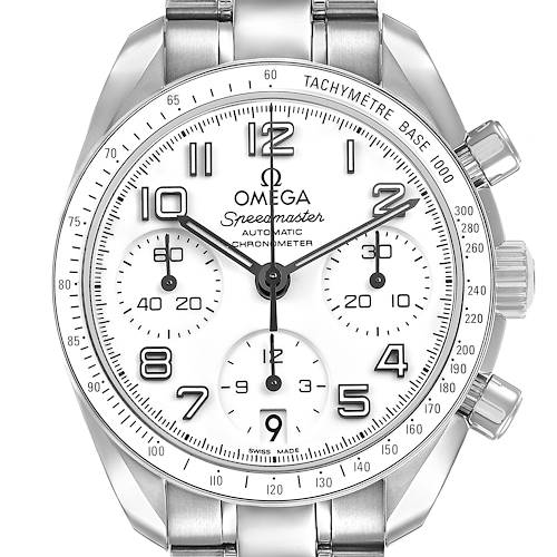The Omega Speedmaster 324.30.38.40.04.001 Men's Stainless Steel White Dial watch is shown from the front, highlighting its face, bezel, and crown.