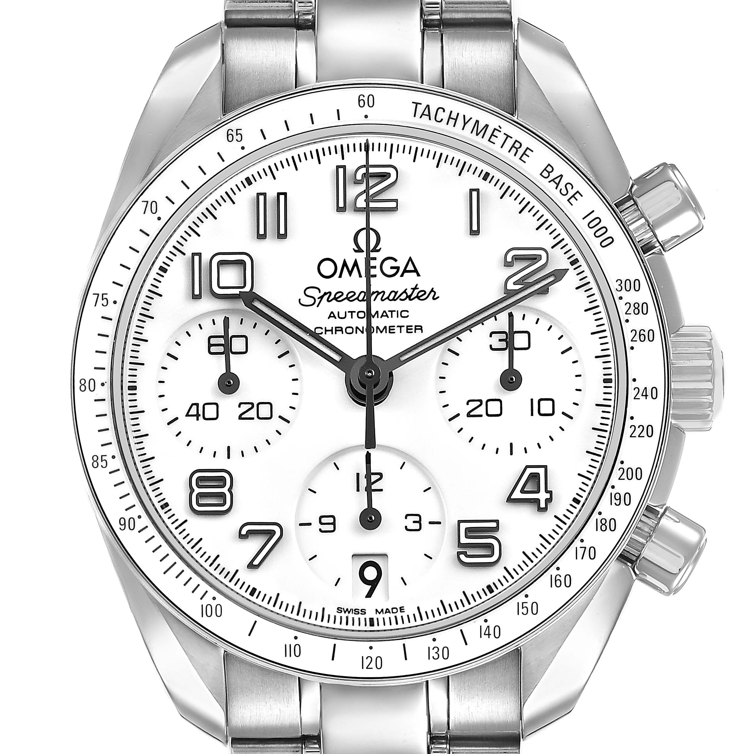 The Omega Speedmaster 324.30.38.40.04.001 Men's Stainless Steel White Dial watch is shown from the front, displaying its dial and part of the stainless steel bracelet.