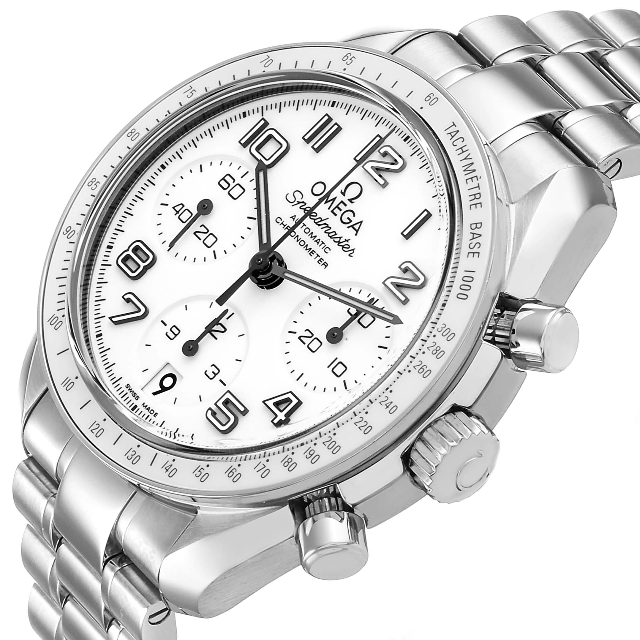 The Omega Speedmaster 324.30.38.40.04.001 Men's Stainless Steel White Dial watch is shown from a three-quarter angle, highlighting the dial, tachymeter bezel, and stainless steel bracelet.
