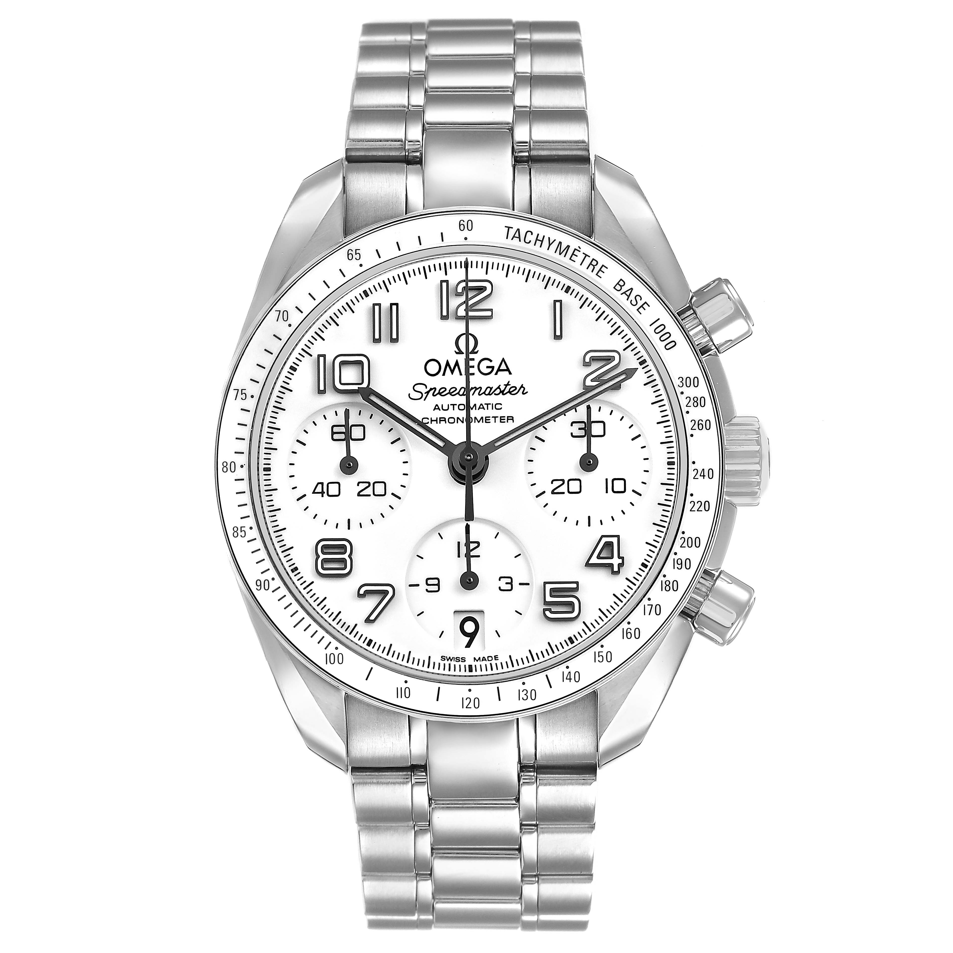 The Omega Speedmaster 324.30.38.40.04.001 Men's Stainless Steel White Dial watch is shown from the front, highlighting the dial, bezel, and stainless steel bracelet.