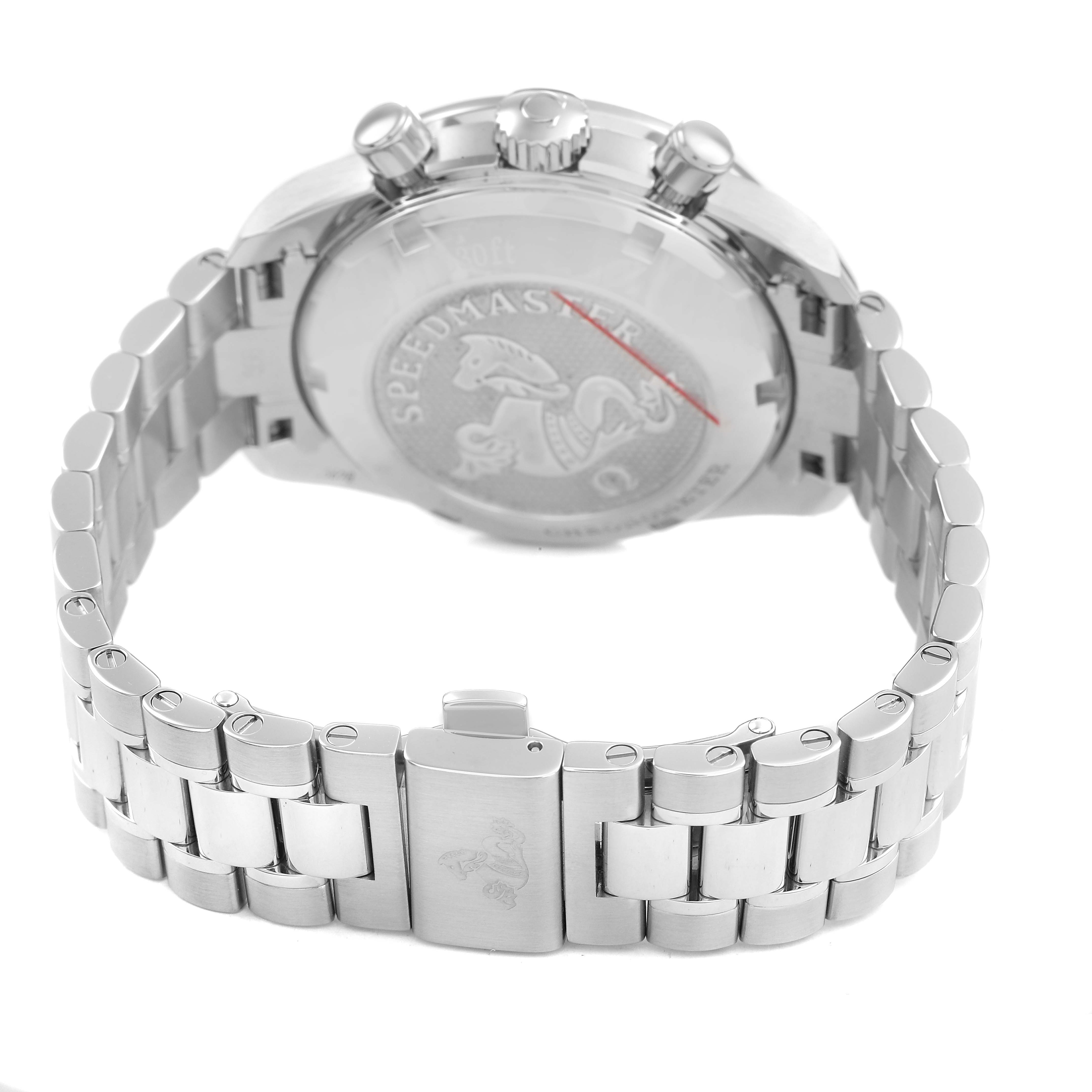 The Omega Speedmaster 324.30.38.40.04.001 Men's Stainless Steel White Dial watch is shown from the back, highlighting the case back, bracelet, and clasp details.