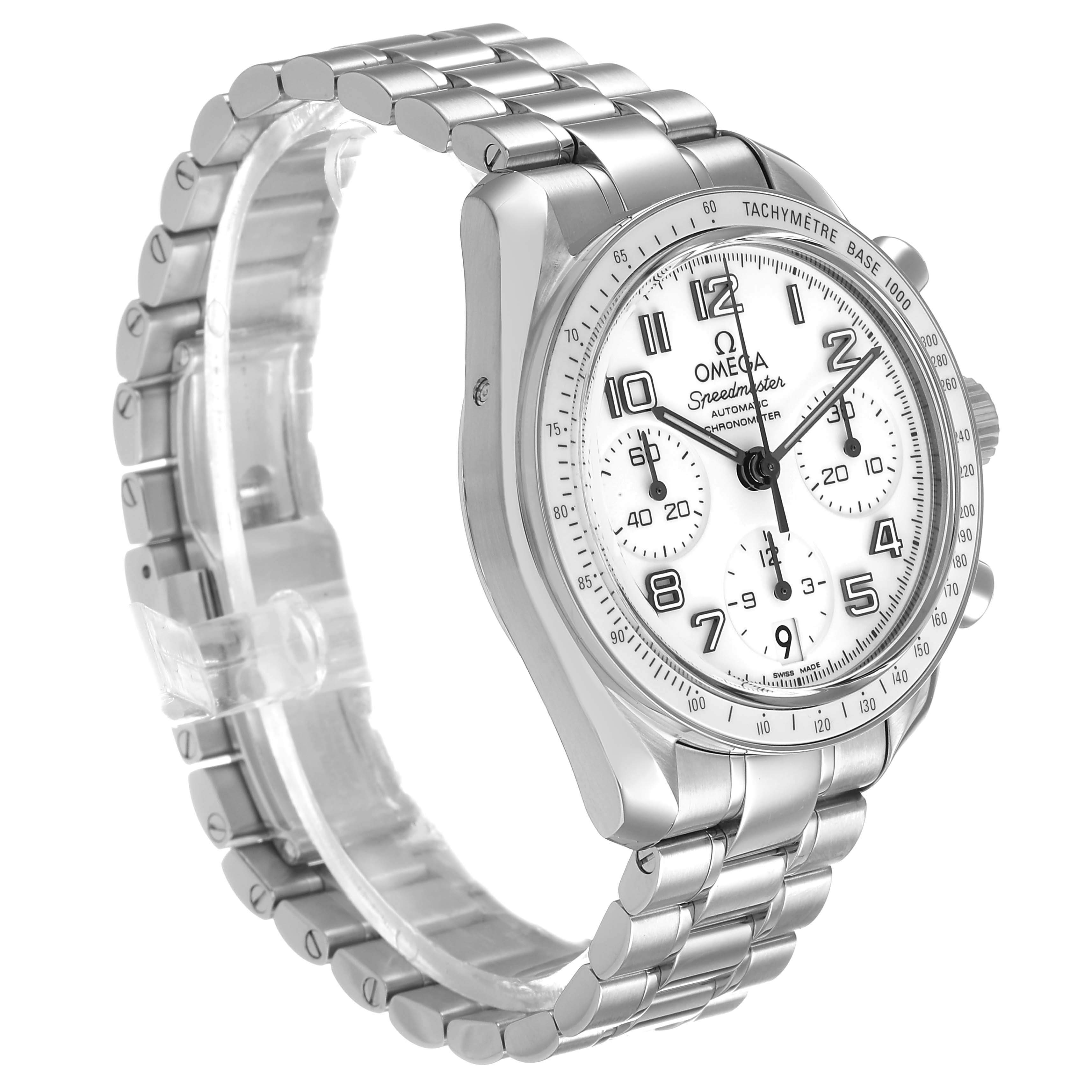 The Omega Speedmaster 324.30.38.40.04.001 Men's Stainless Steel White Dial watch is shown at a three-quarter angle, displaying the face, bezel, and stainless steel bracelet.