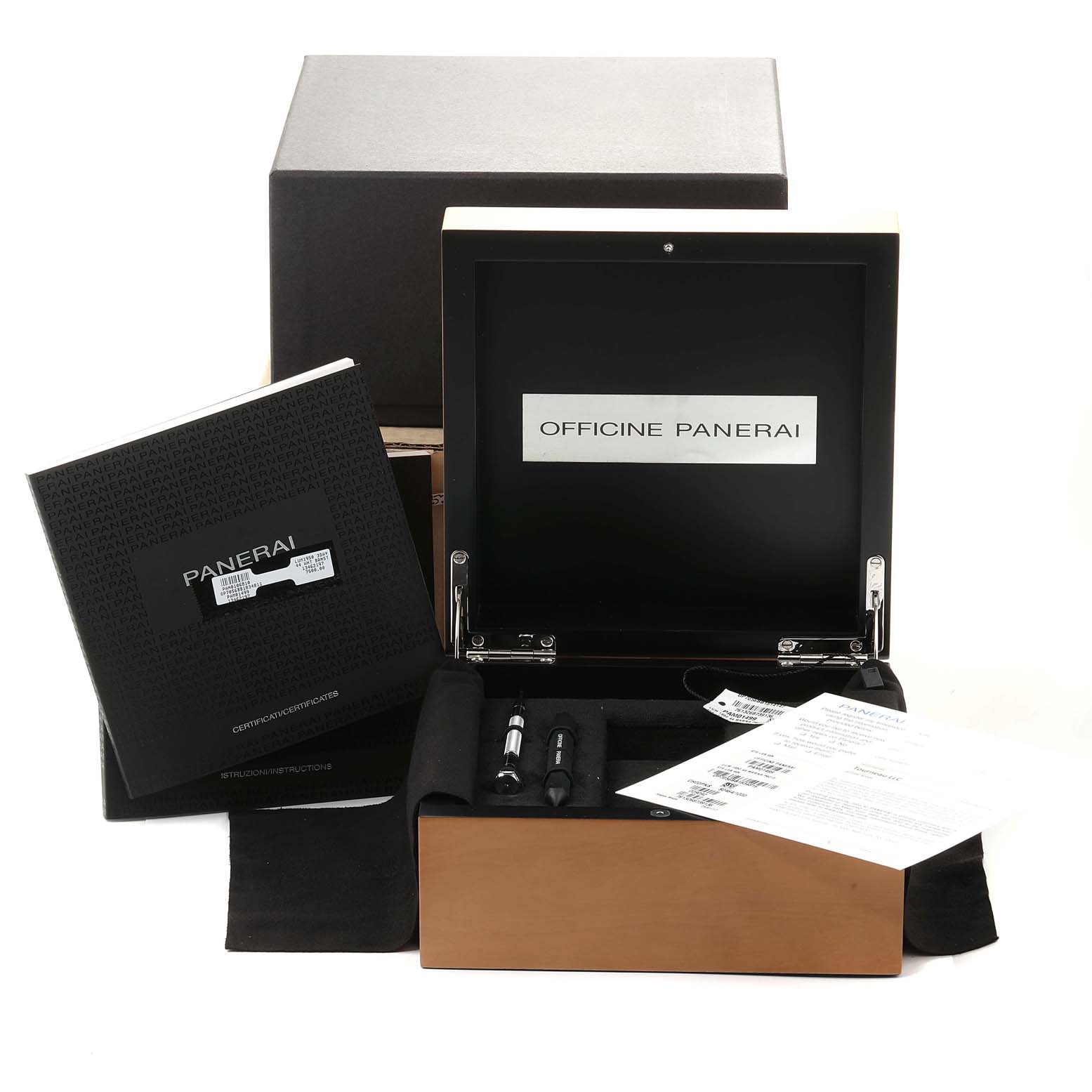This image shows the open box, tools, and paperwork for a Panerai Luminor PAM01499 Men's Stainless Steel White Dial PAM01499 Men's Stainless Steel White Dial watch.