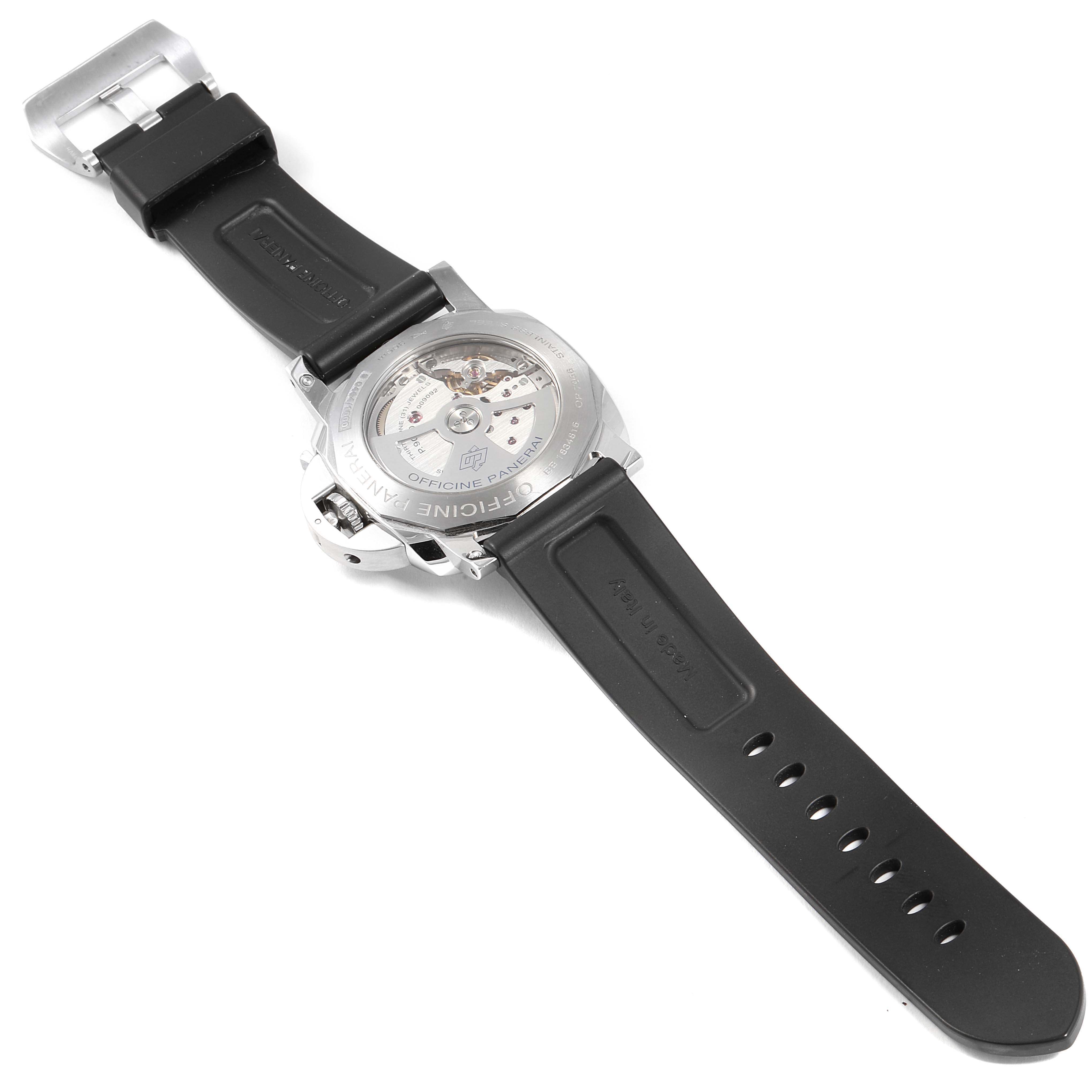 The image shows the back view of a Panerai Luminor PAM01499 Men's Stainless Steel White Dial PAM01499 Men's Stainless Steel White Dial watch, highlighting the movement and black rubber strap.