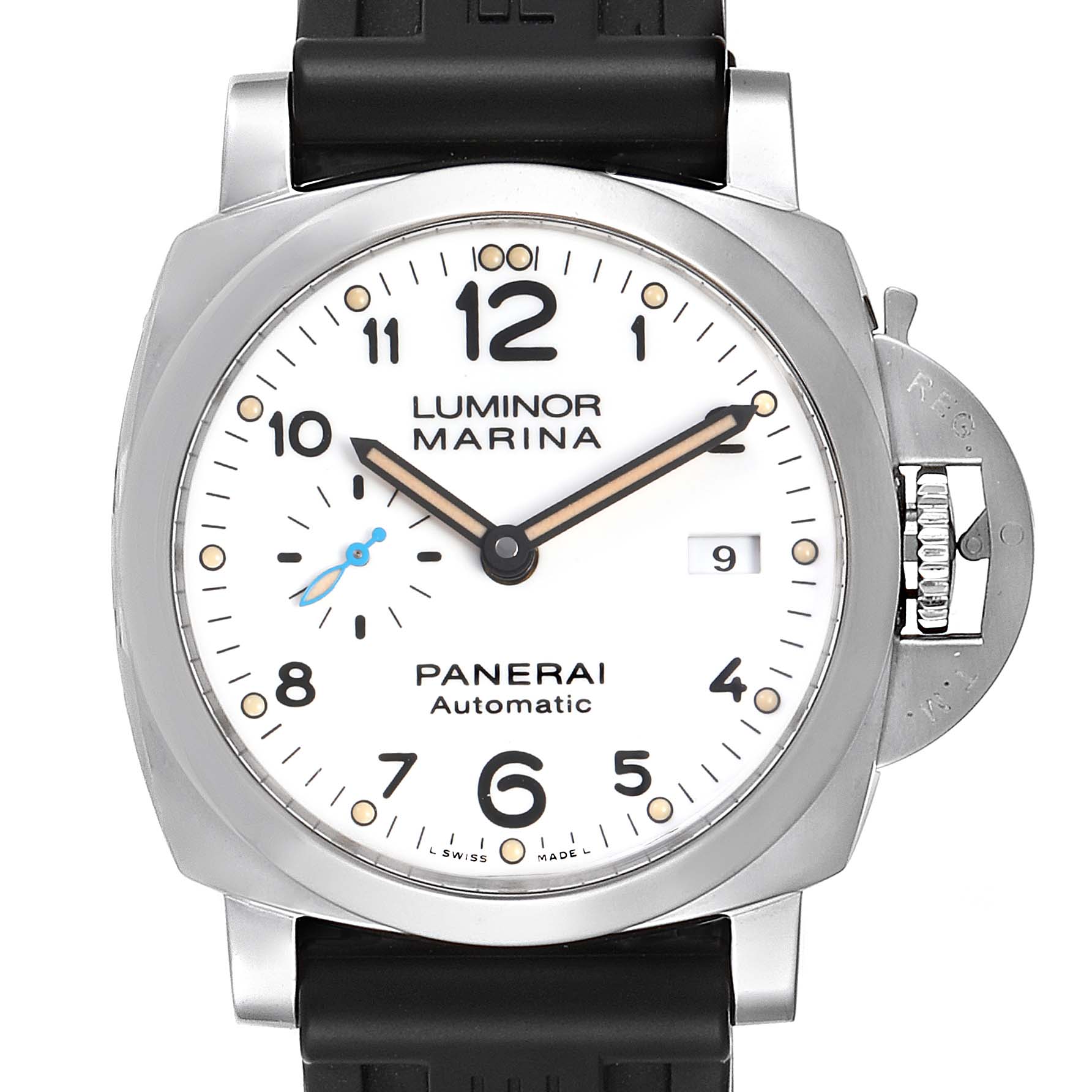 The image shows the front view of a Panerai Luminor PAM01499 Men's Stainless Steel White Dial PAM01499 Men's Stainless Steel White Dial Marina watch, displaying the dial, hands, date window, and part of the strap.