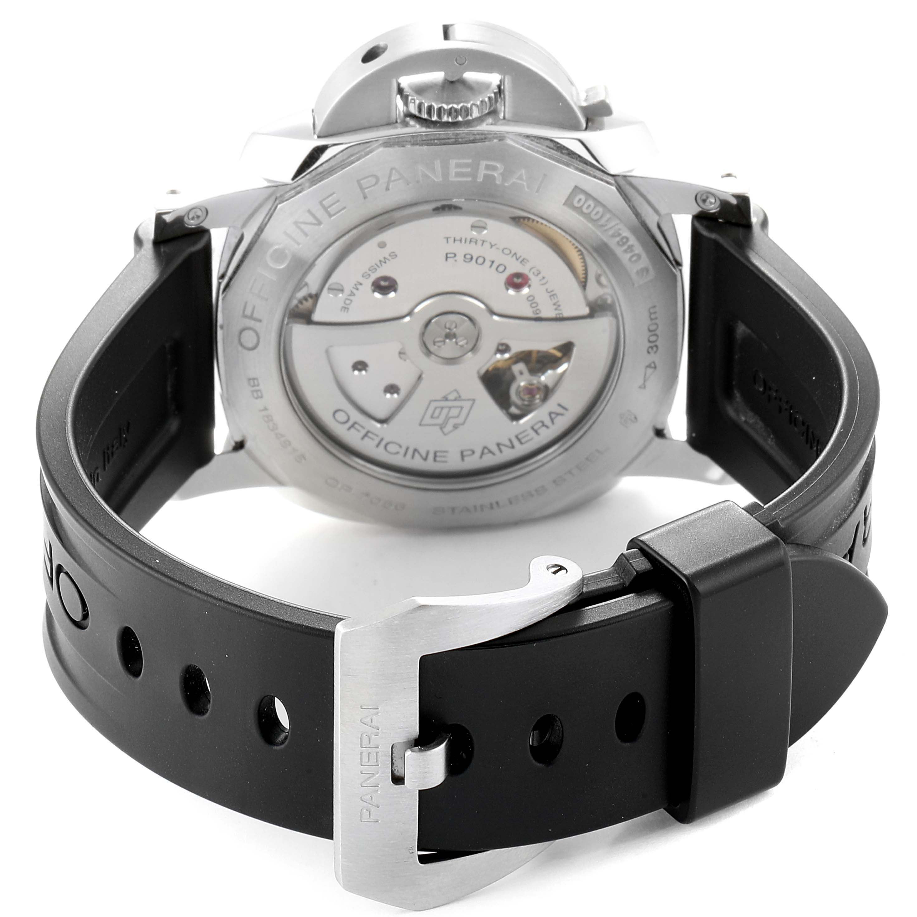 This is a rear view of the Panerai Luminor PAM01499 Men's Stainless Steel White Dial PAM01499 Men's Stainless Steel White Dial watch, showing the back casing, mechanical movement, and rubber strap.