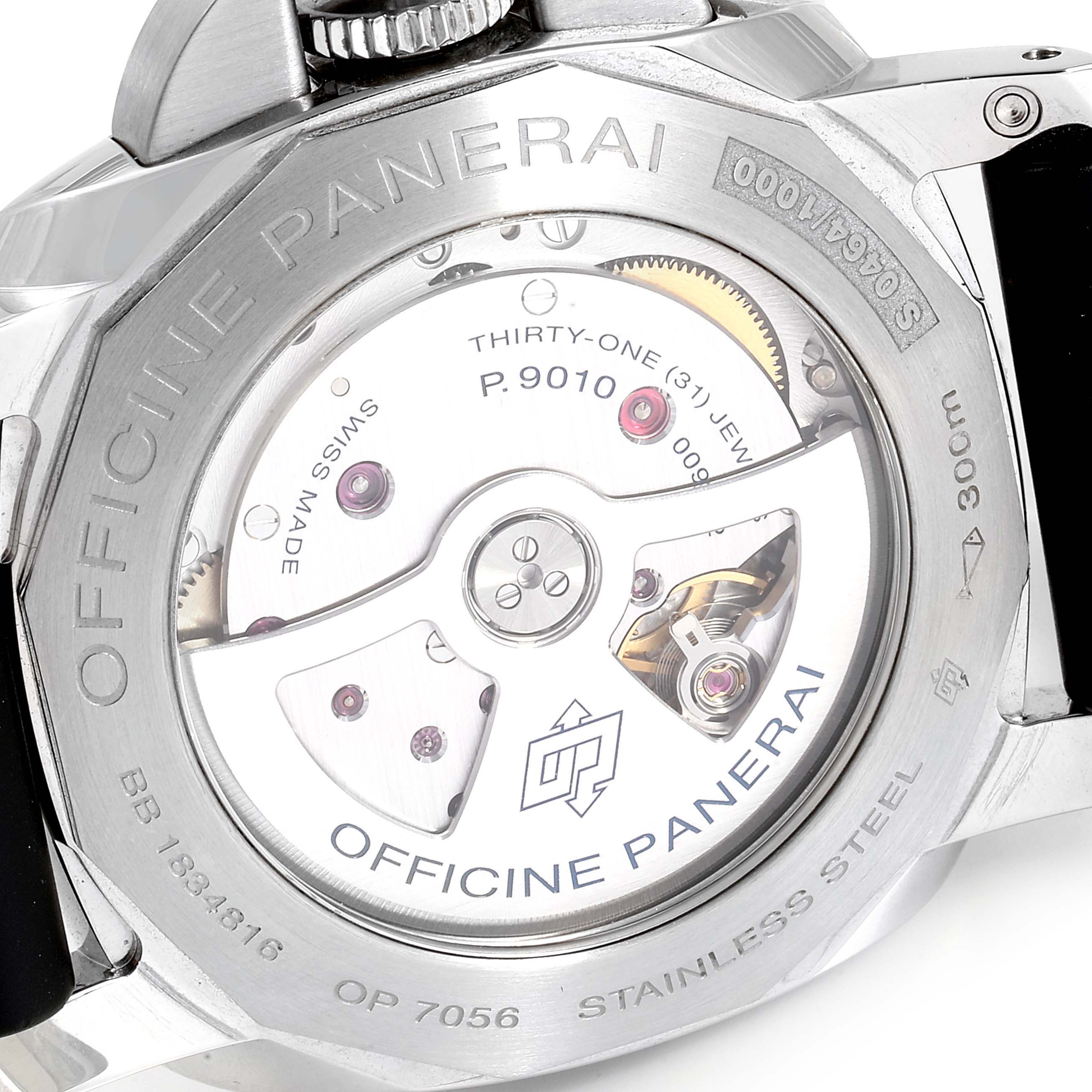 The image shows the back of a Panerai Luminor PAM01499 Men's Stainless Steel White Dial PAM01499 Men's Stainless Steel White Dial watch, revealing its internal movement and inscriptions.