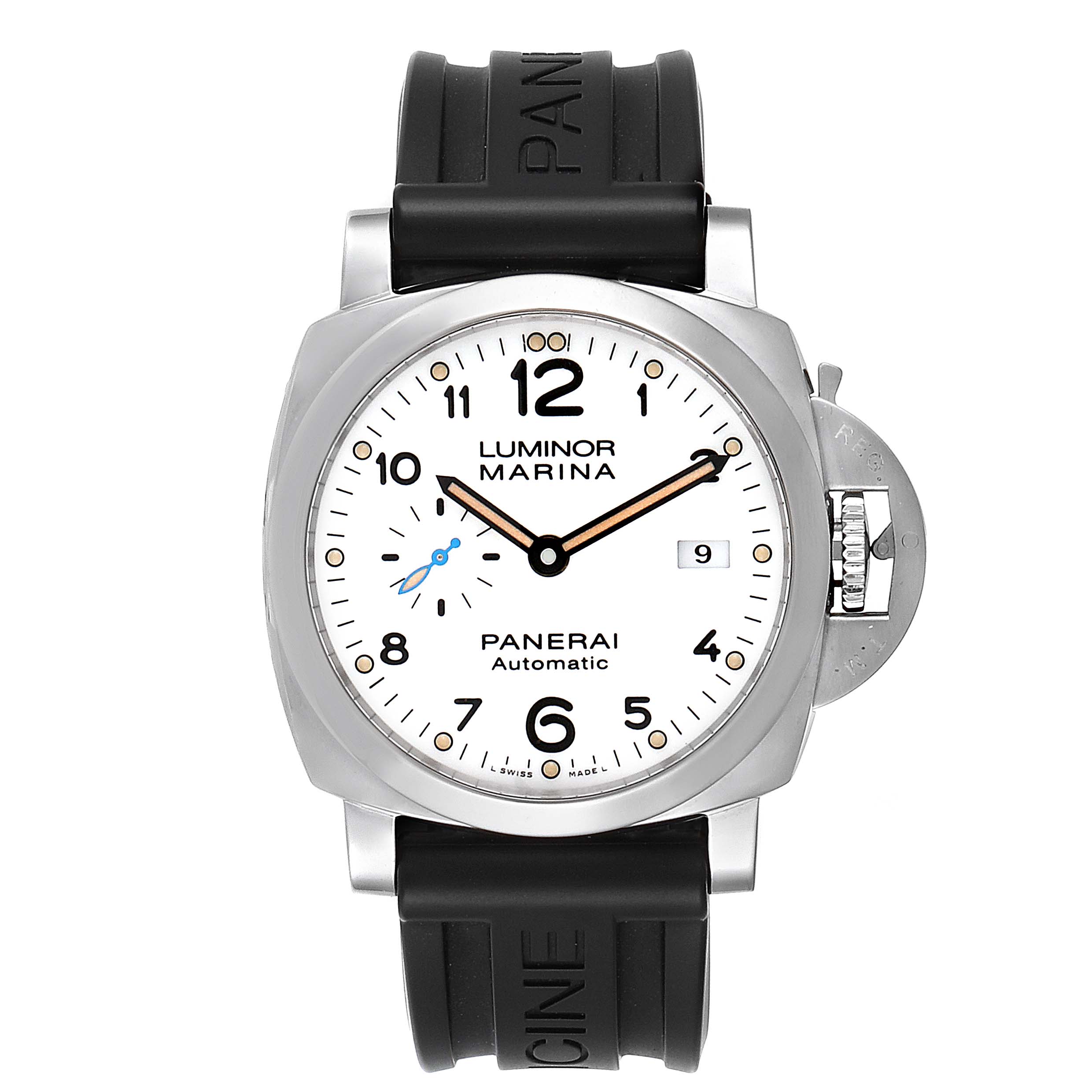 The Panerai Luminor PAM01499 Men's Stainless Steel White Dial PAM01499 Men's Stainless Steel White Dial watch is shown from a front angle, displaying the watch face, black rubber strap, and crown guard.