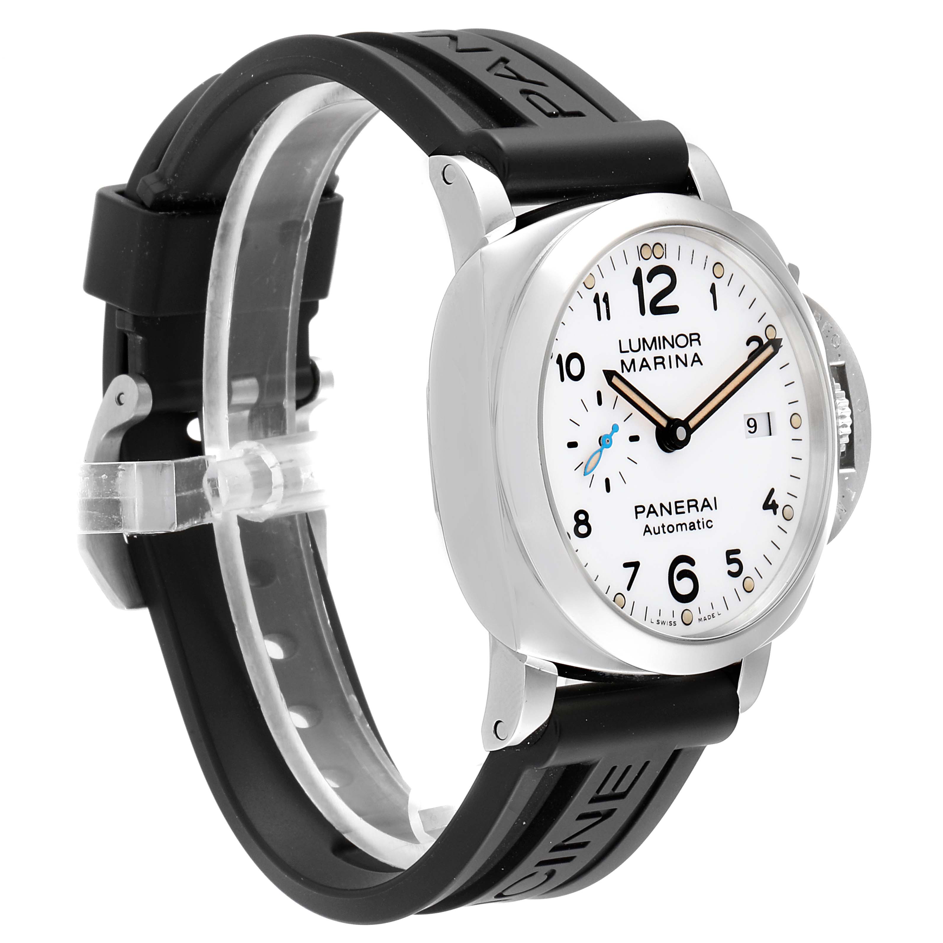 The image shows a Panerai Luminor PAM01499 Men's Stainless Steel White Dial PAM01499 Men's Stainless Steel White Dial Marina watch at a three-quarter angle, highlighting its dial, case, crown guard, and rubber strap.