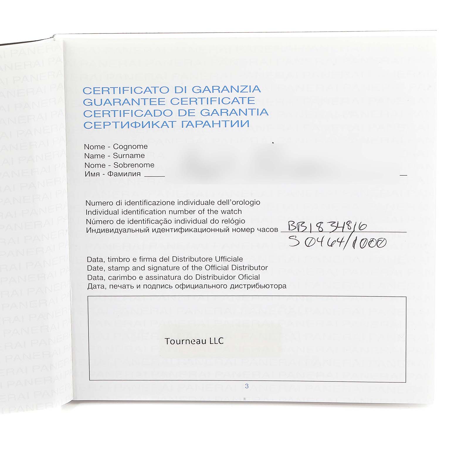 This image shows the guarantee certificate for a Panerai Luminor PAM01499 Men's Stainless Steel White Dial PAM01499 Men's Stainless Steel White Dial model watch.