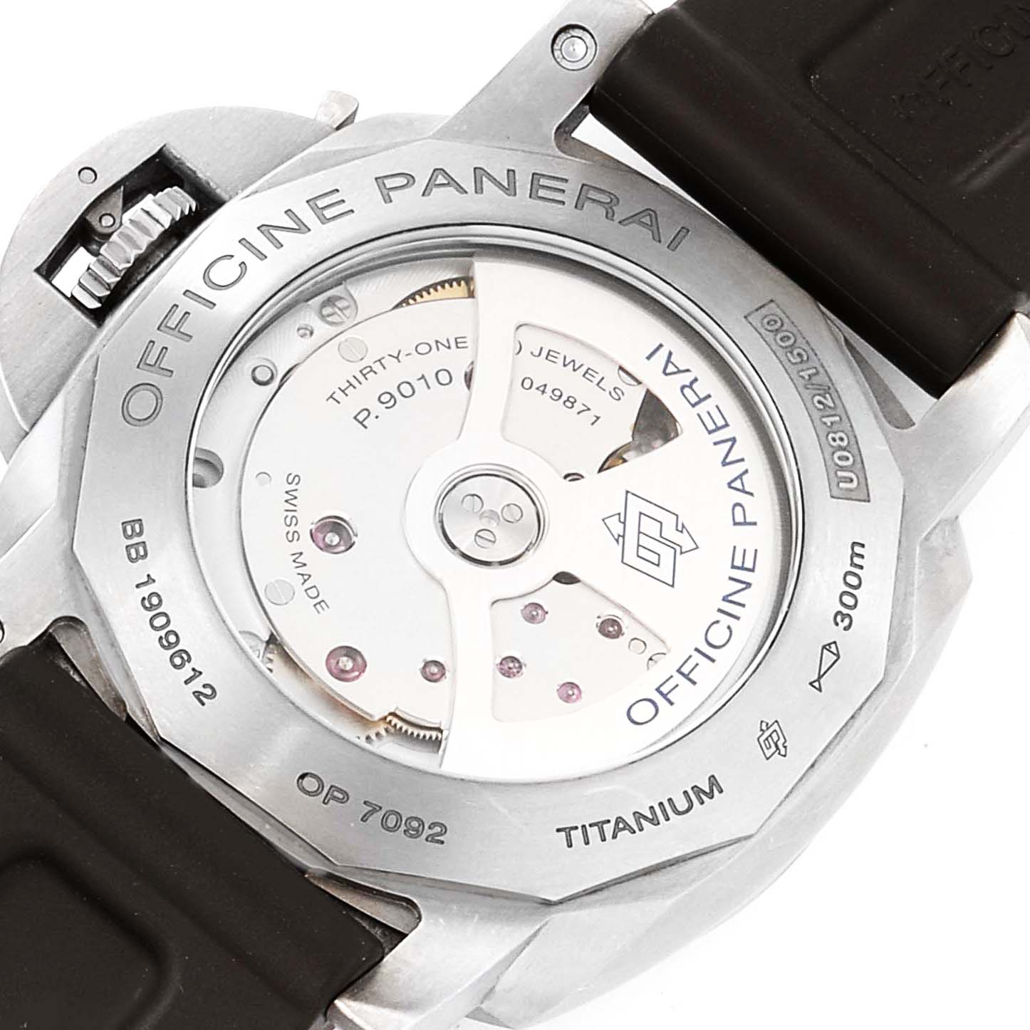This image shows the back view of the Panerai Luminor PAM01351 Men
s Titanium Brown Dial PAM01351 Men
s Titanium Brown Dial watch, highlighting its visible movement and titanium casing.