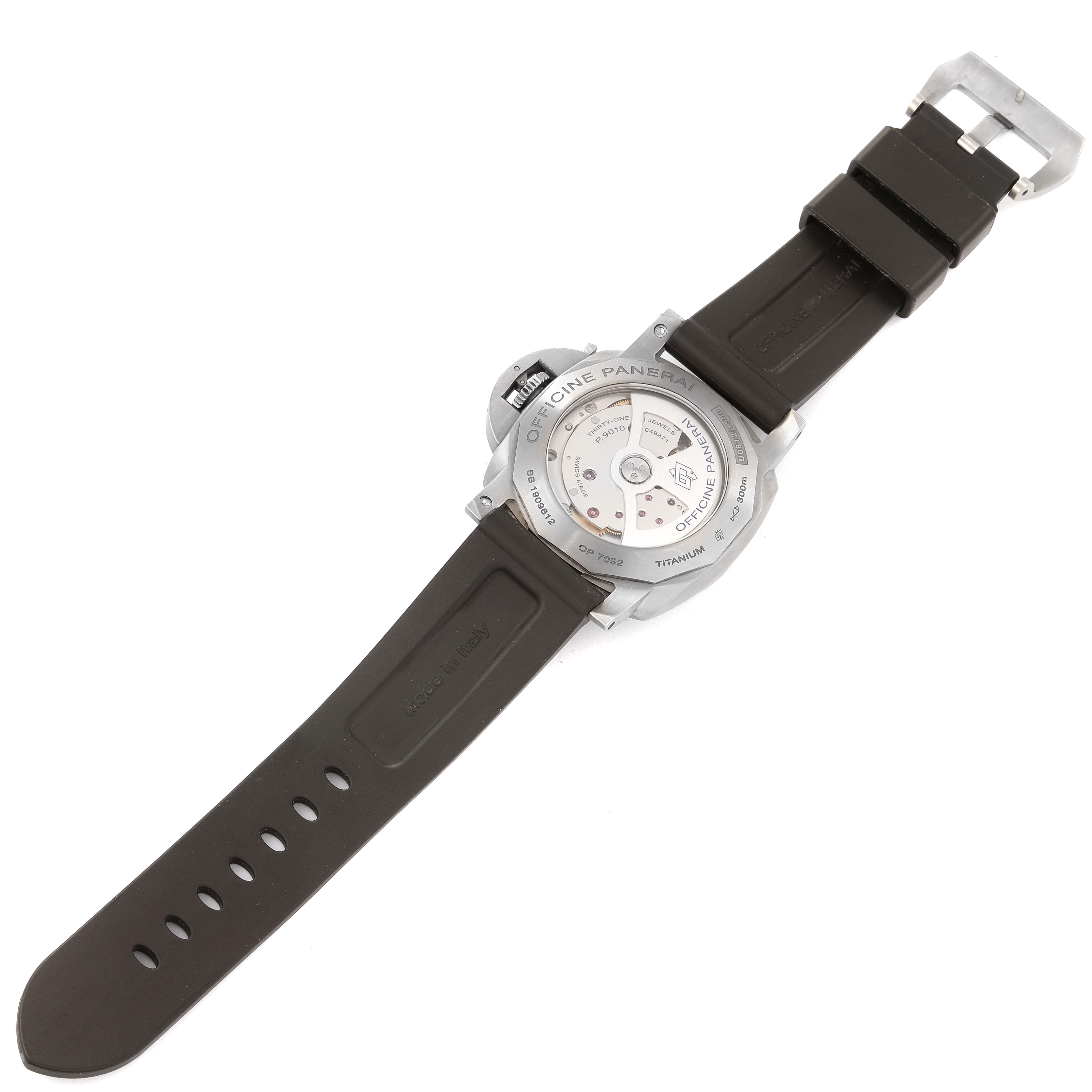 The image shows the back side and strap of a Panerai Luminor PAM01351 Men
s Titanium Brown Dial PAM01351 Men
s Titanium Brown Dial model watch.