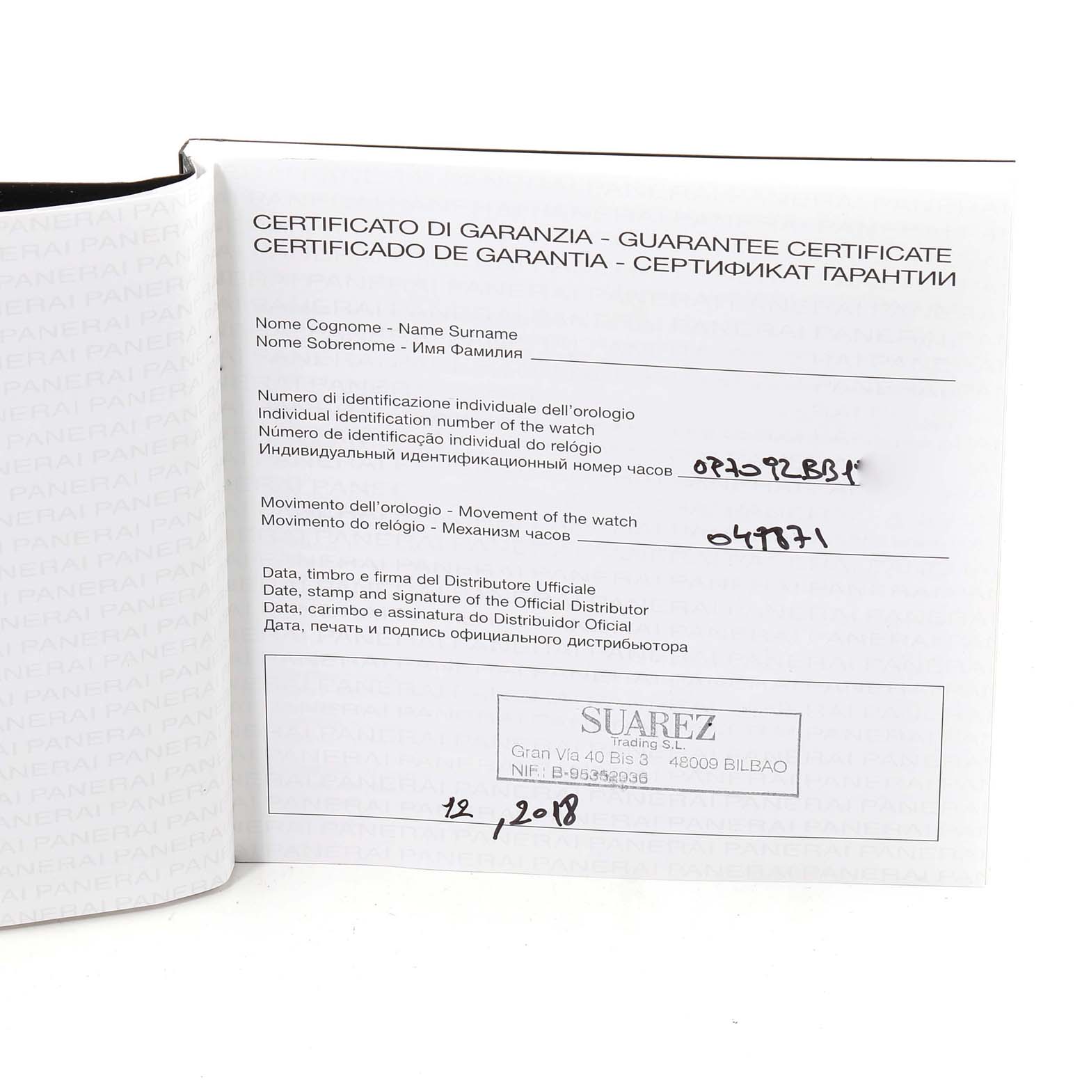 The image shows the guarantee certificate for a Panerai Luminor PAM01351 Men
s Titanium Brown Dial PAM01351 Men
s Titanium Brown Dial watch, displaying identification and movement details.