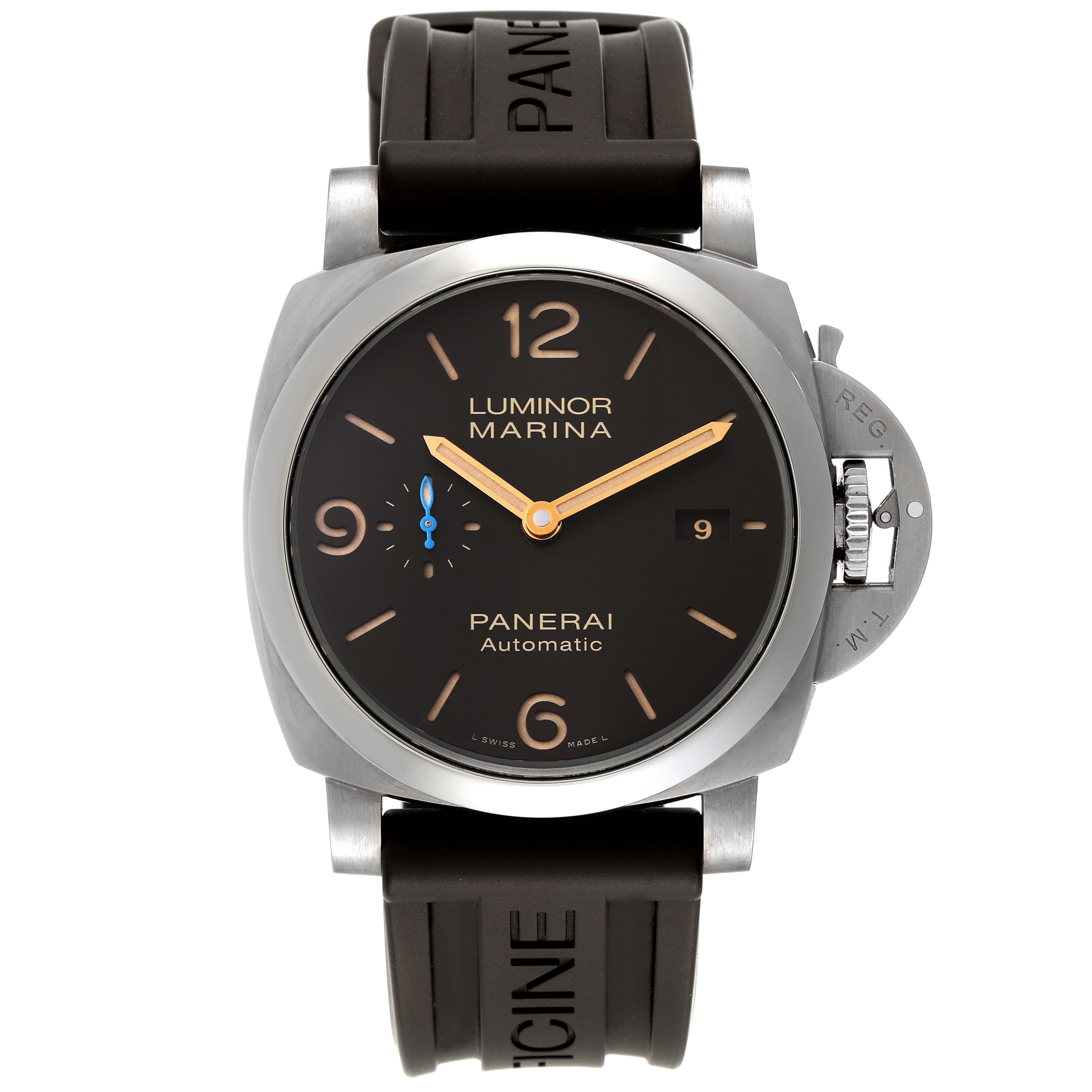 The image shows a frontal view of the Panerai Luminor PAM01351 Men
s Titanium Brown Dial PAM01351 Men
s Titanium Brown Dial Marina watch, highlighting its face, crown guard, and rubber strap.