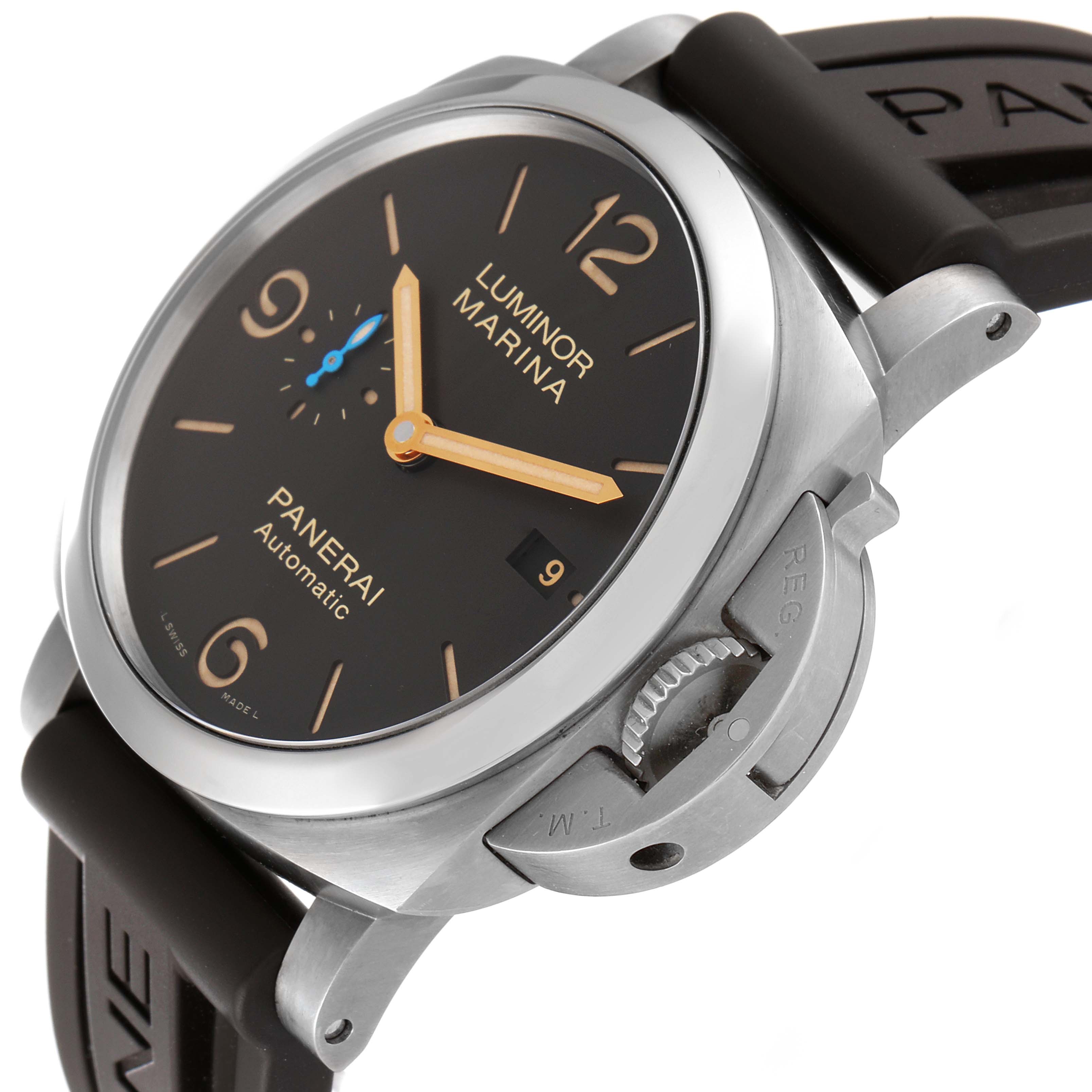 The Panerai Luminor PAM01351 Men
s Titanium Brown Dial PAM01351 Men
s Titanium Brown Dial watch is shown at an angled view, highlighting the crown guard, face, and part of the strap.