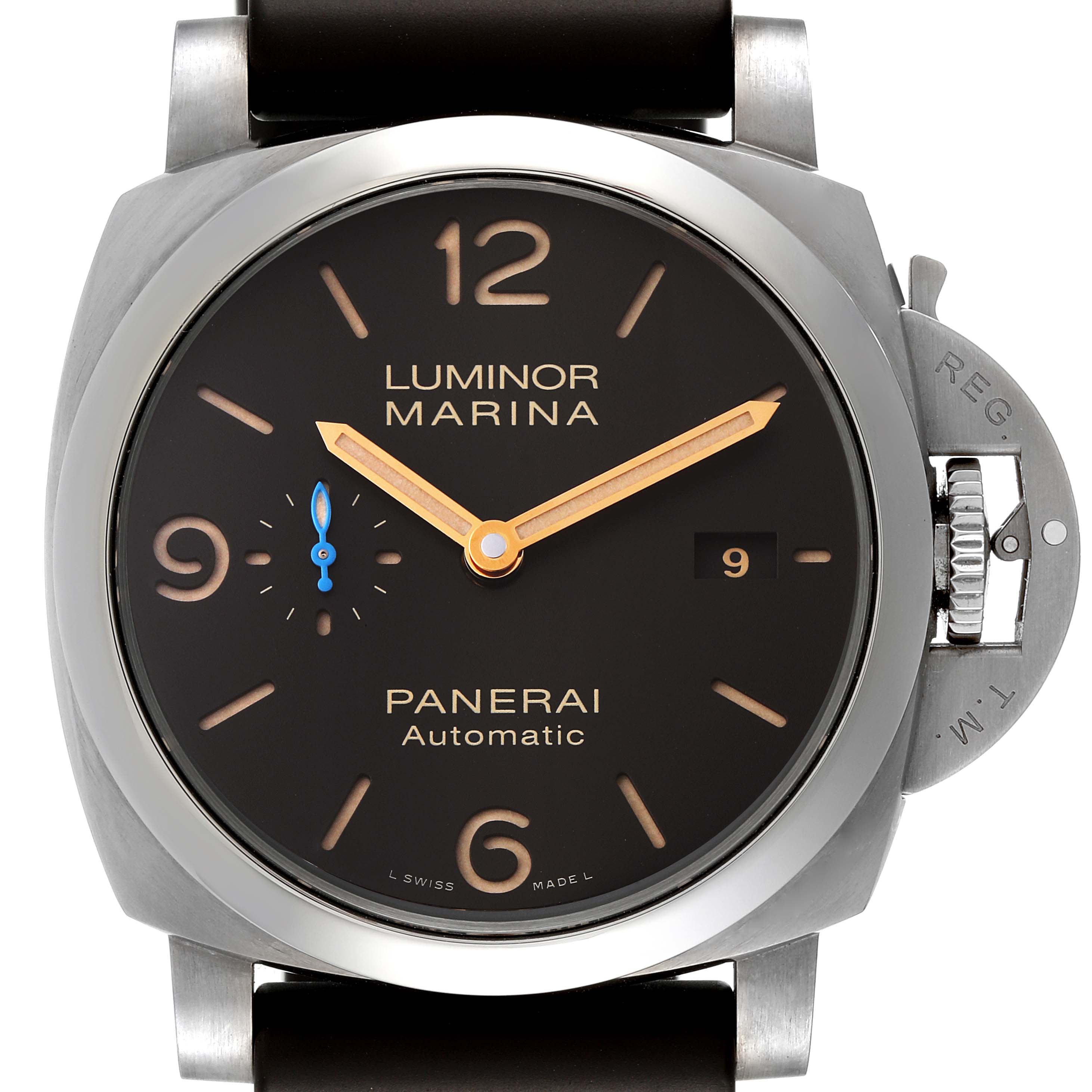 This is a front view of a Panerai Luminor PAM01351 Men
s Titanium Brown Dial PAM01351 Men
s Titanium Brown Dial watch showcasing the dial, hands, and crown guard.