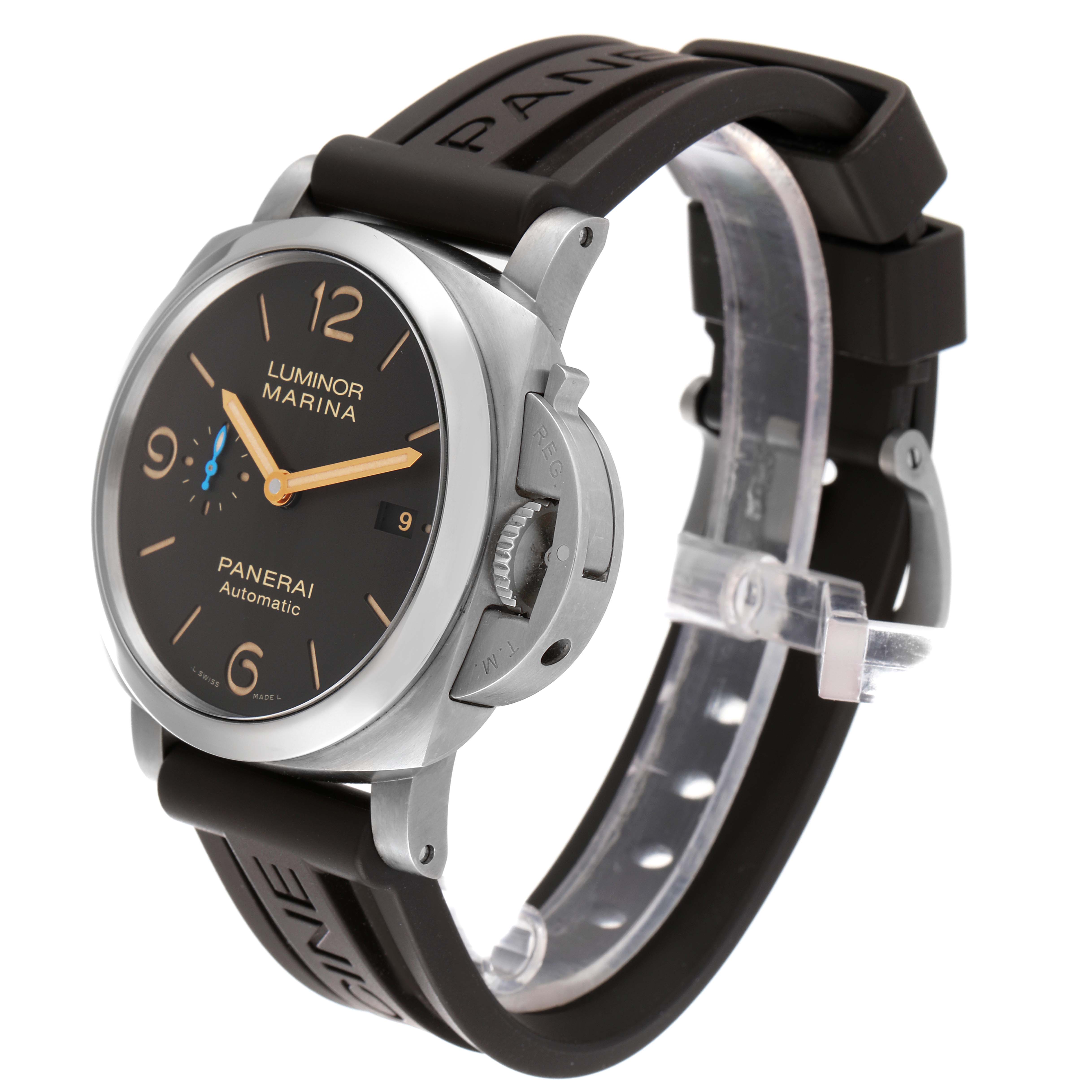The image shows a side and front angle of a Panerai Luminor PAM01351 Men
s Titanium Brown Dial PAM01351 Men
s Titanium Brown Dial Marina watch, highlighting its dial, crown guard, and black rubber strap.