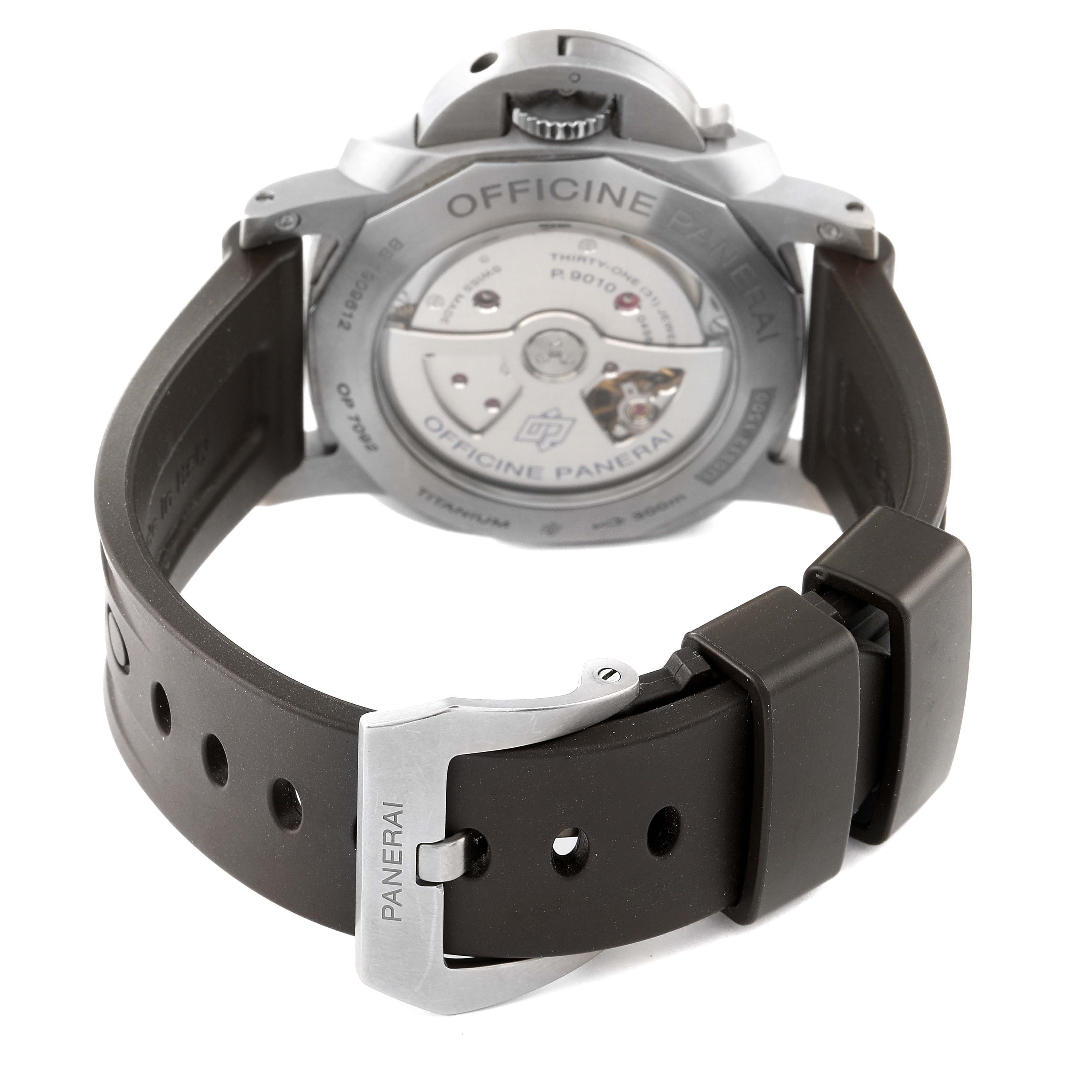 This image shows the back angle of a Panerai Luminor PAM01351 Men
s Titanium Brown Dial PAM01351 Men
s Titanium Brown Dial watch, highlighting its strap and buckle, along with the open case back.