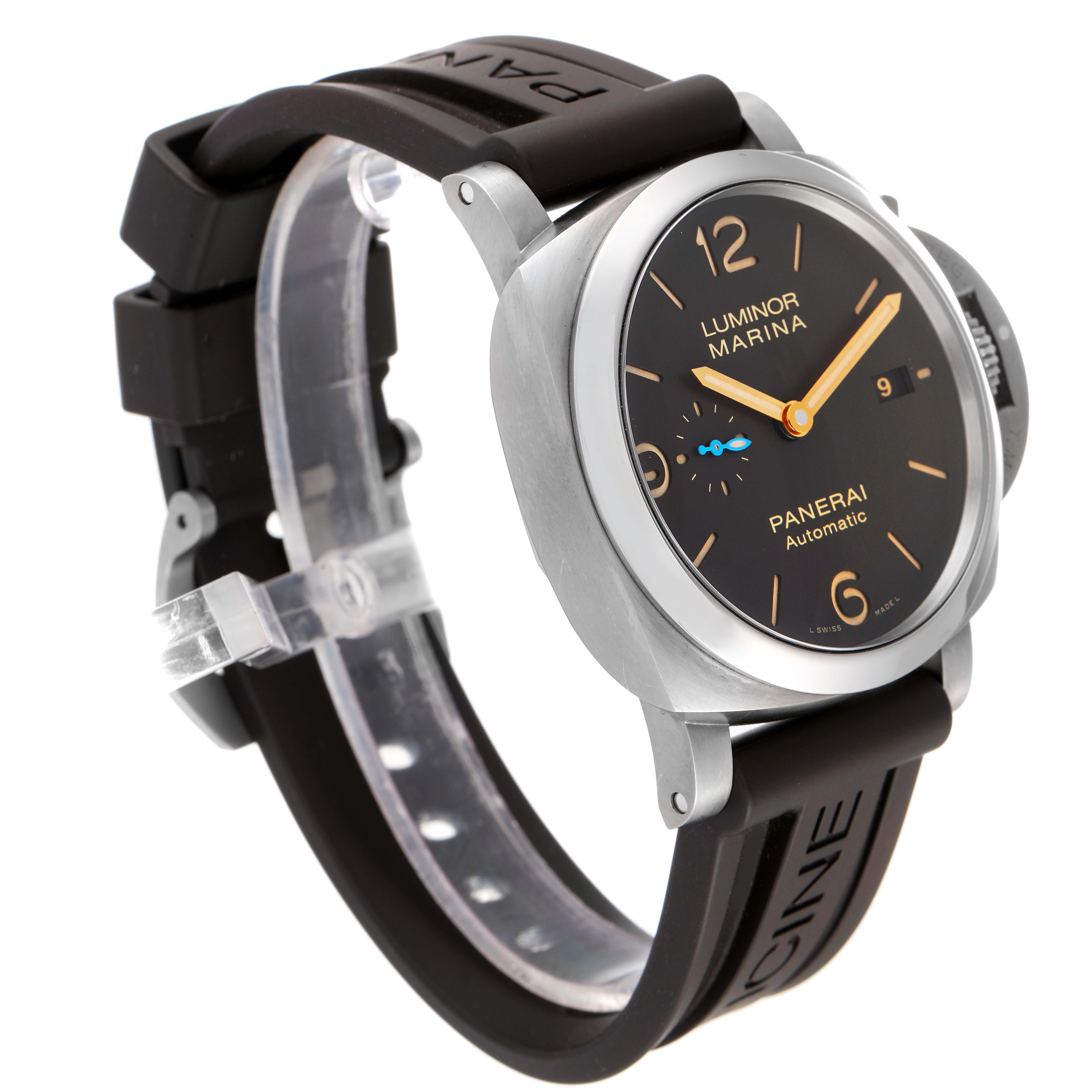 The image shows a side angle view of a Panerai Luminor PAM01351 Men
s Titanium Brown Dial PAM01351 Men
s Titanium Brown Dial watch, displaying the case, dial, and strap.