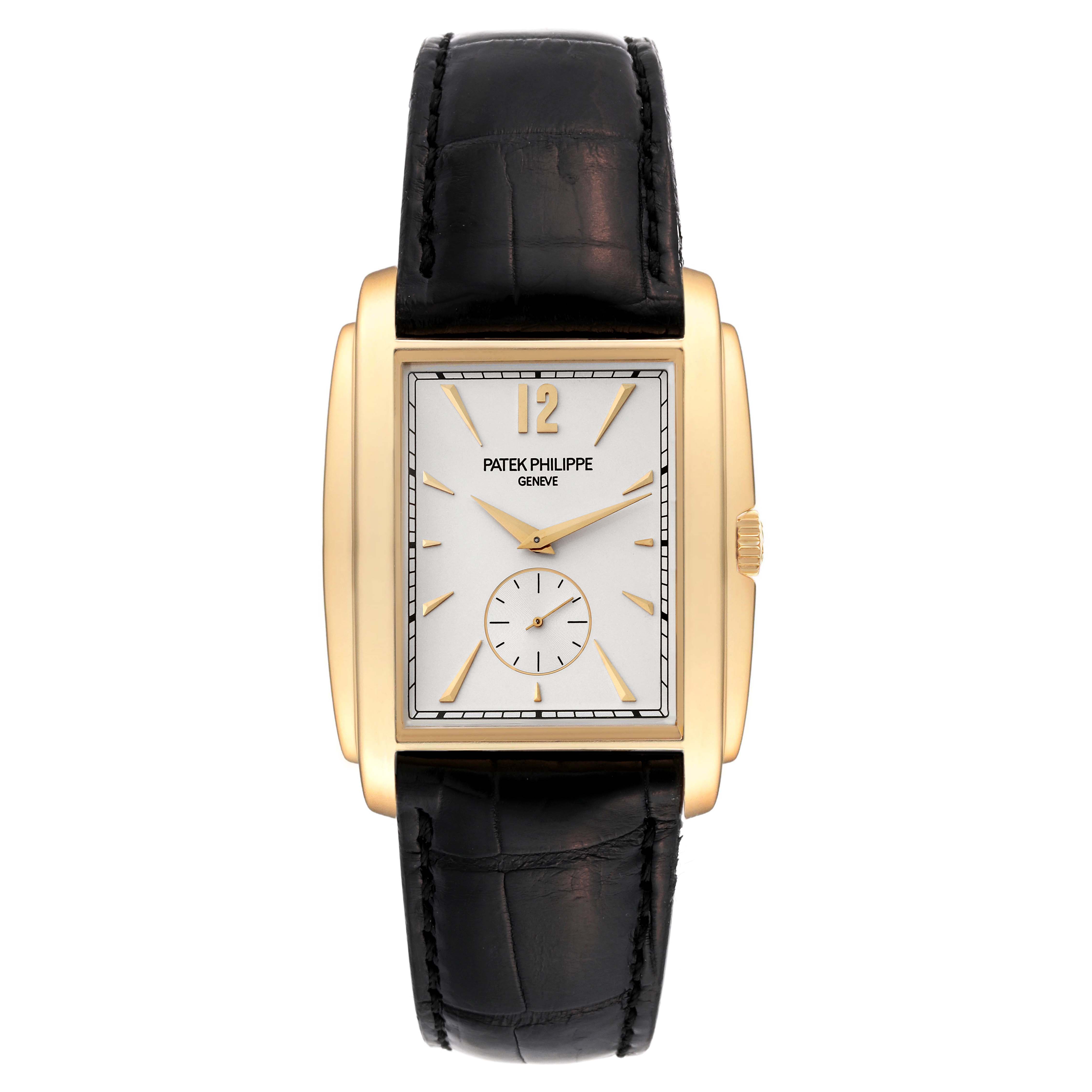 This image shows a front view of the Patek Philippe Gondolo 5124J Men's Yellow Gold Silver Dial 5124J Men's Yellow Gold Silver Dial watch, highlighting the dial, gold case, and black leather strap.