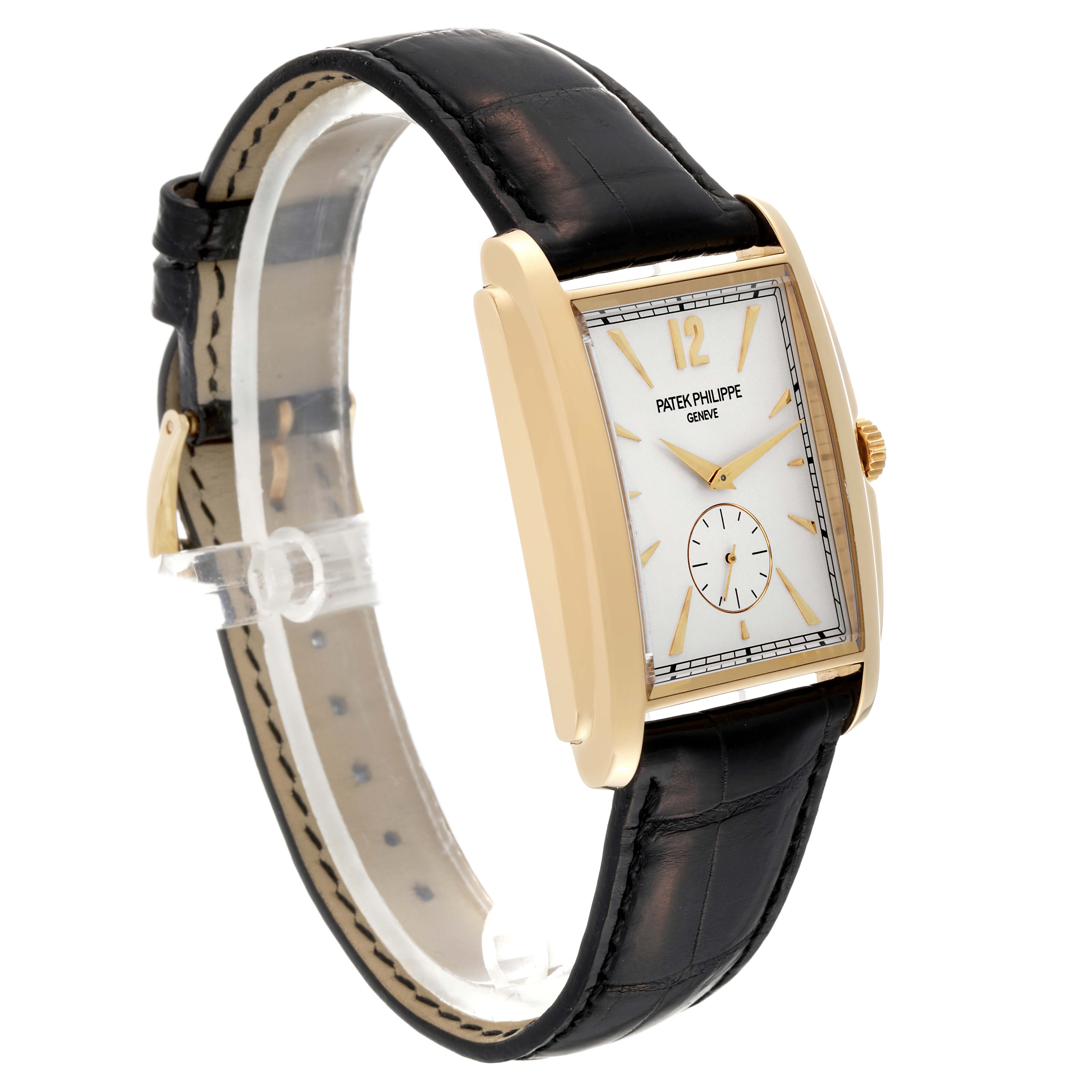 The image shows a Patek Philippe Gondolo 5124J Men's Yellow Gold Silver Dial 5124J Men's Yellow Gold Silver Dial watch at a front-left angle, displaying its face, black leather strap, and gold case.