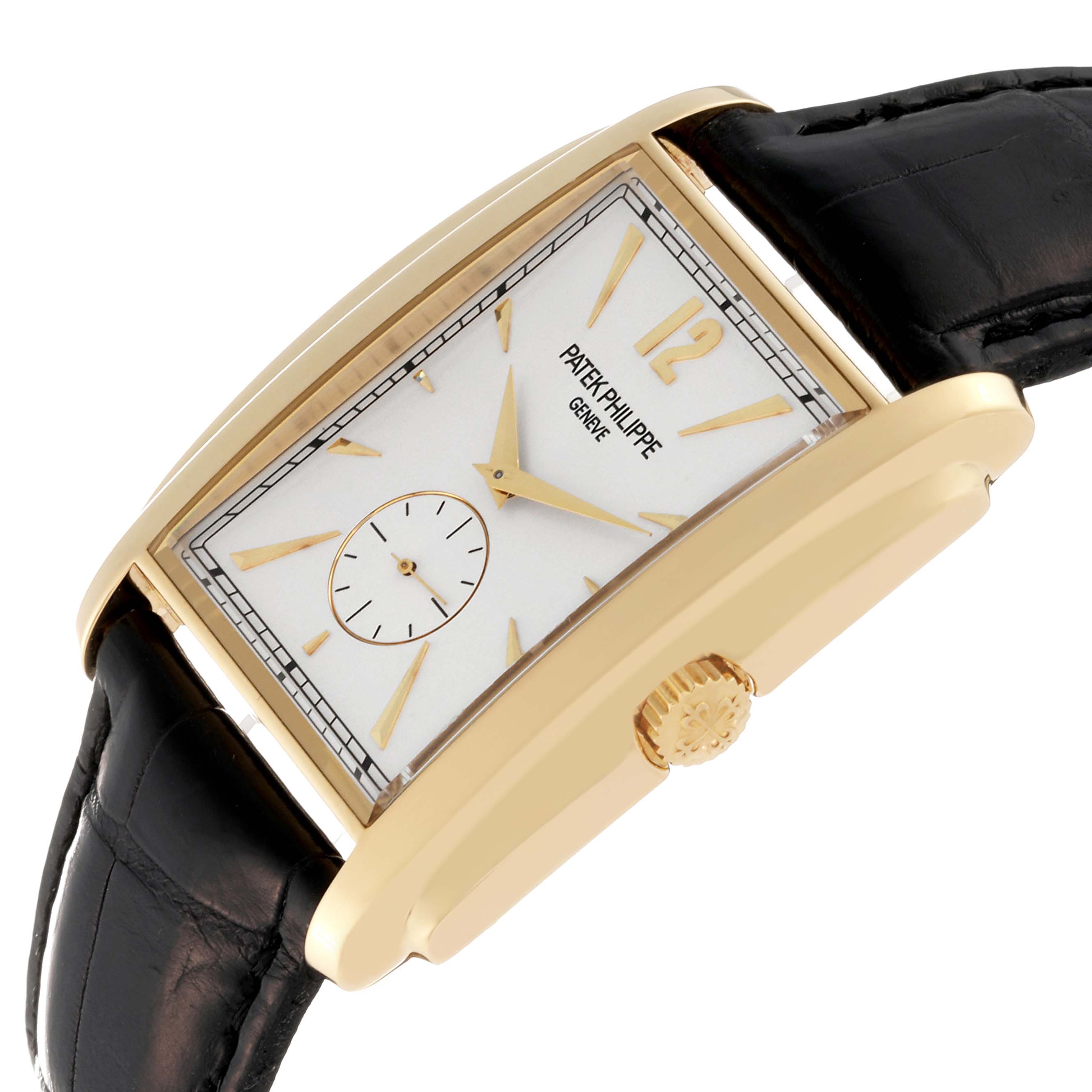 The image shows a Patek Philippe Gondolo 5124J Men's Yellow Gold Silver Dial 5124J Men's Yellow Gold Silver Dial watch at an angle displaying its face, crown, and black leather strap.