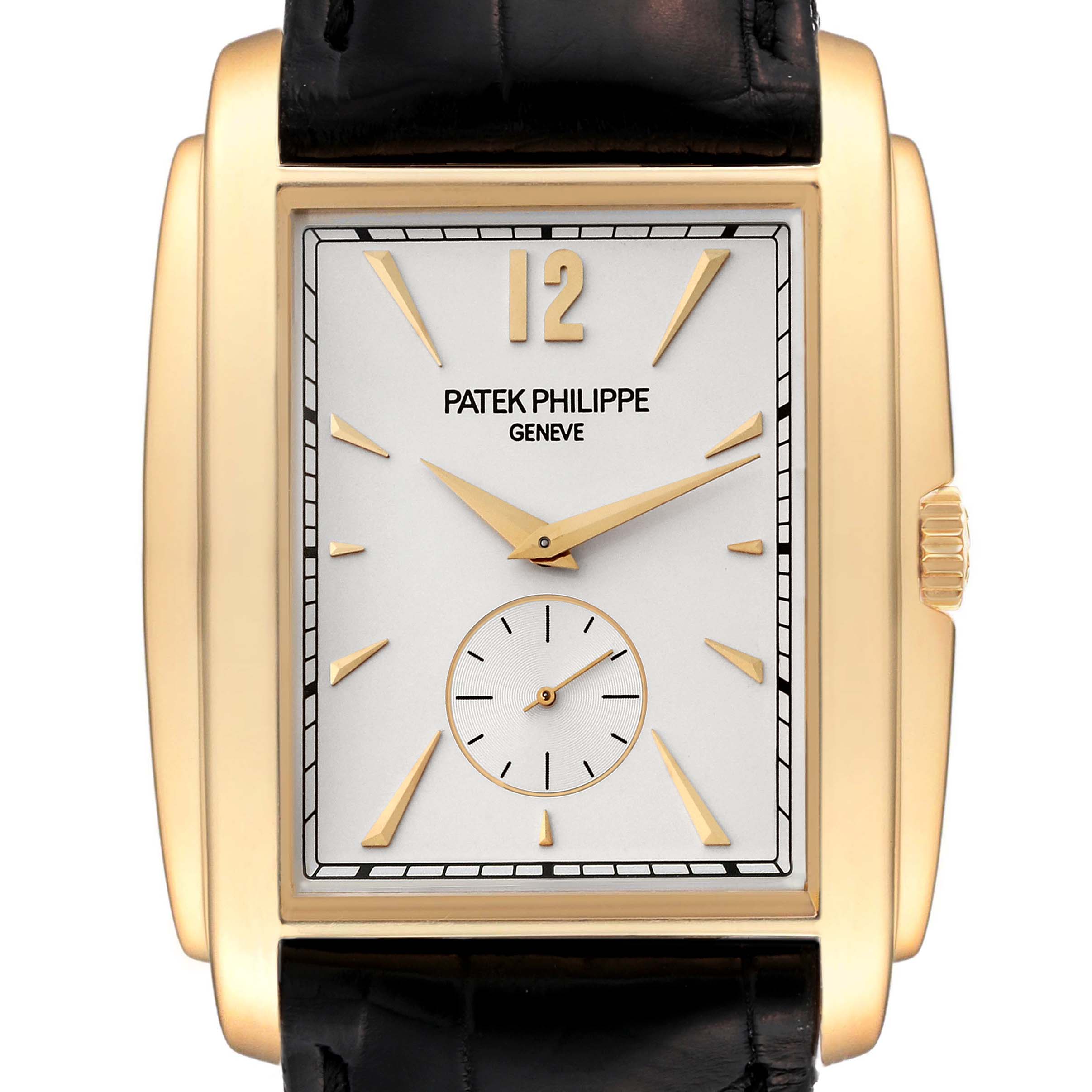 The image shows a front view of the Patek Philippe Gondolo 5124J Men's Yellow Gold Silver Dial 5124J Men's Yellow Gold Silver Dial watch, highlighting its rectangular face and black leather strap.
