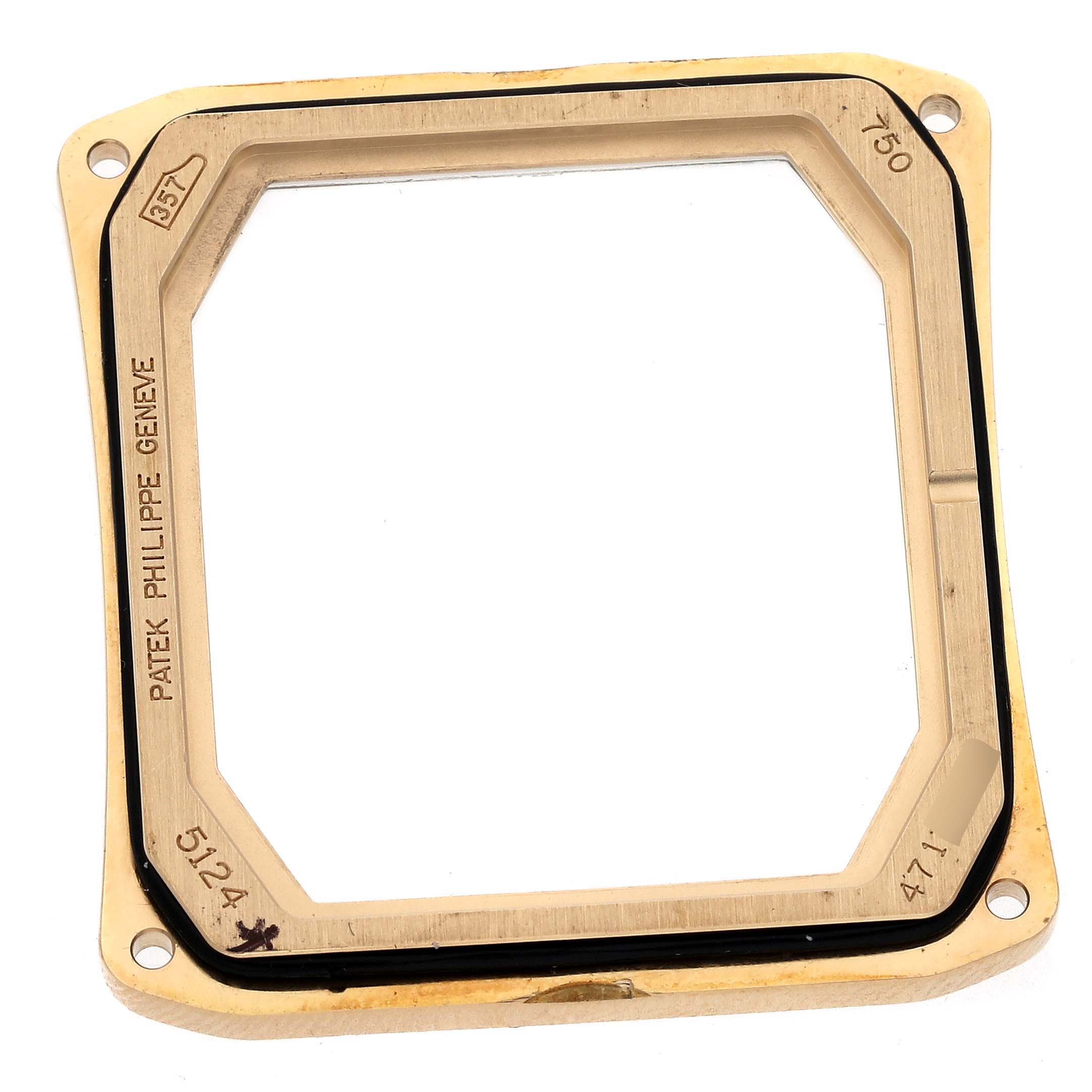 This image shows a close-up of the case frame for a Patek Philippe Gondolo 5124J Men's Yellow Gold Silver Dial 5124J Men's Yellow Gold Silver Dial watch.