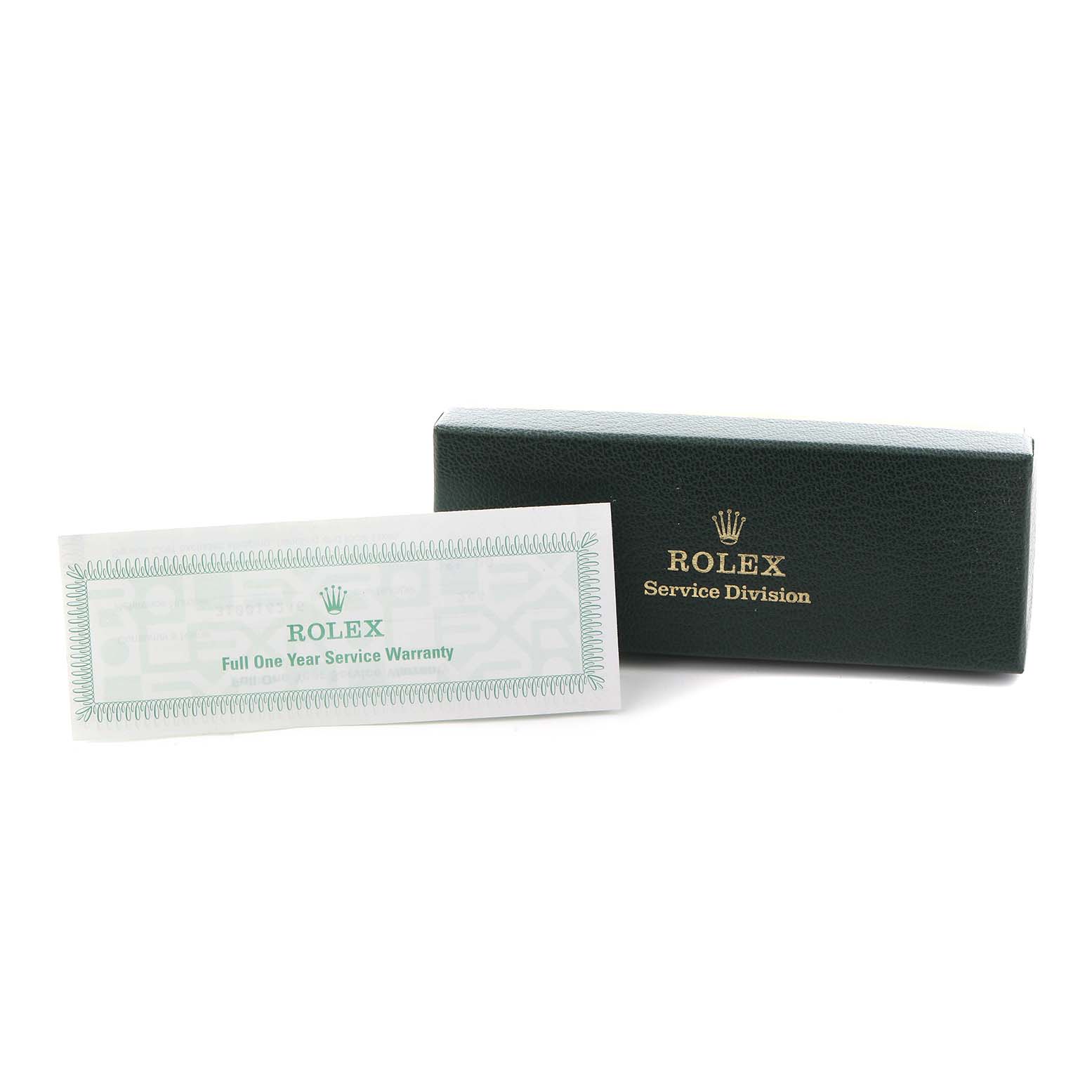 The image shows a Rolex Air-King warranty card and a green Rolex Service Division box, viewed from the front.