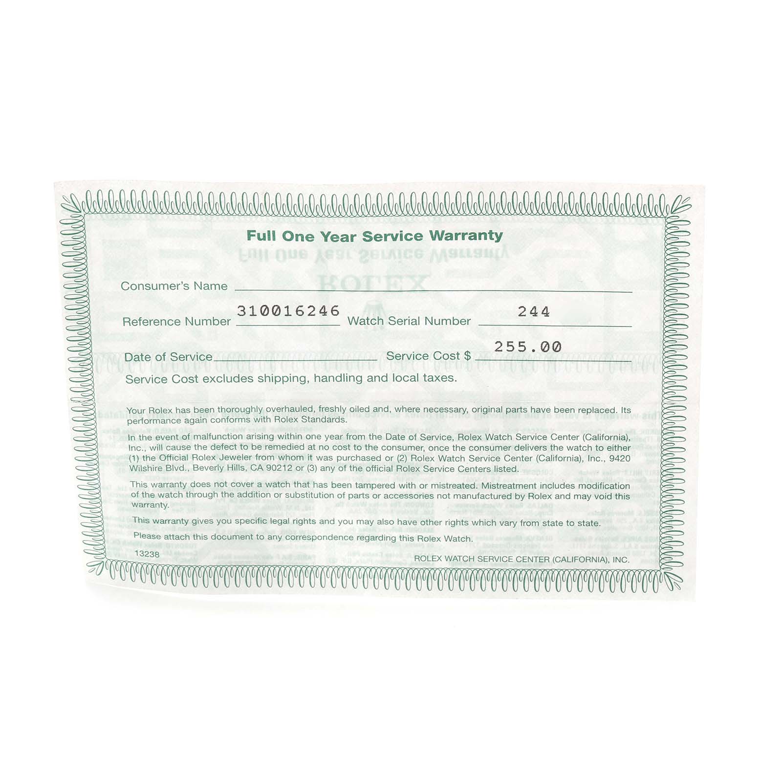 This image shows a full one-year service warranty document for a Rolex Air-King watch.