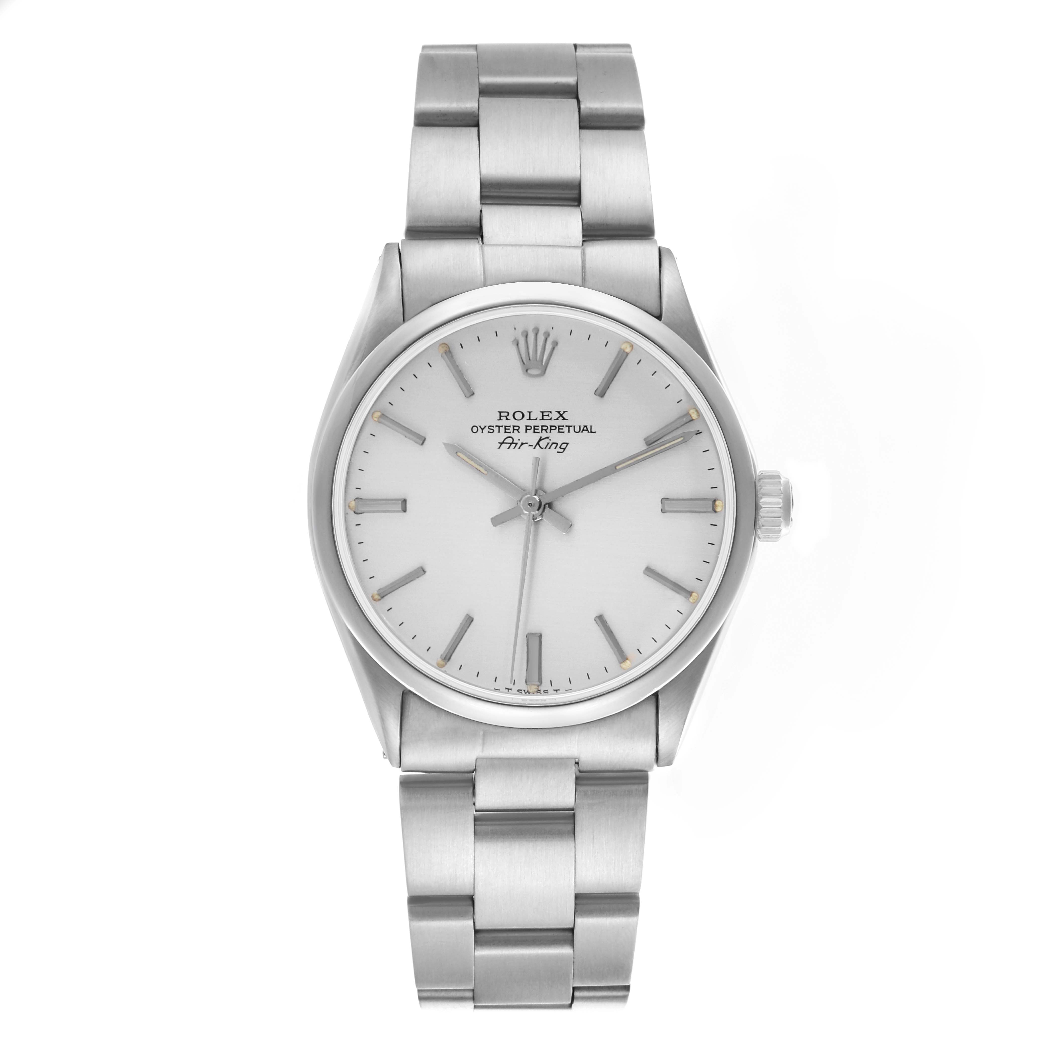 The Rolex Air-King watch is shown from a front angle, displaying the face, bezel, and stainless steel bracelet.