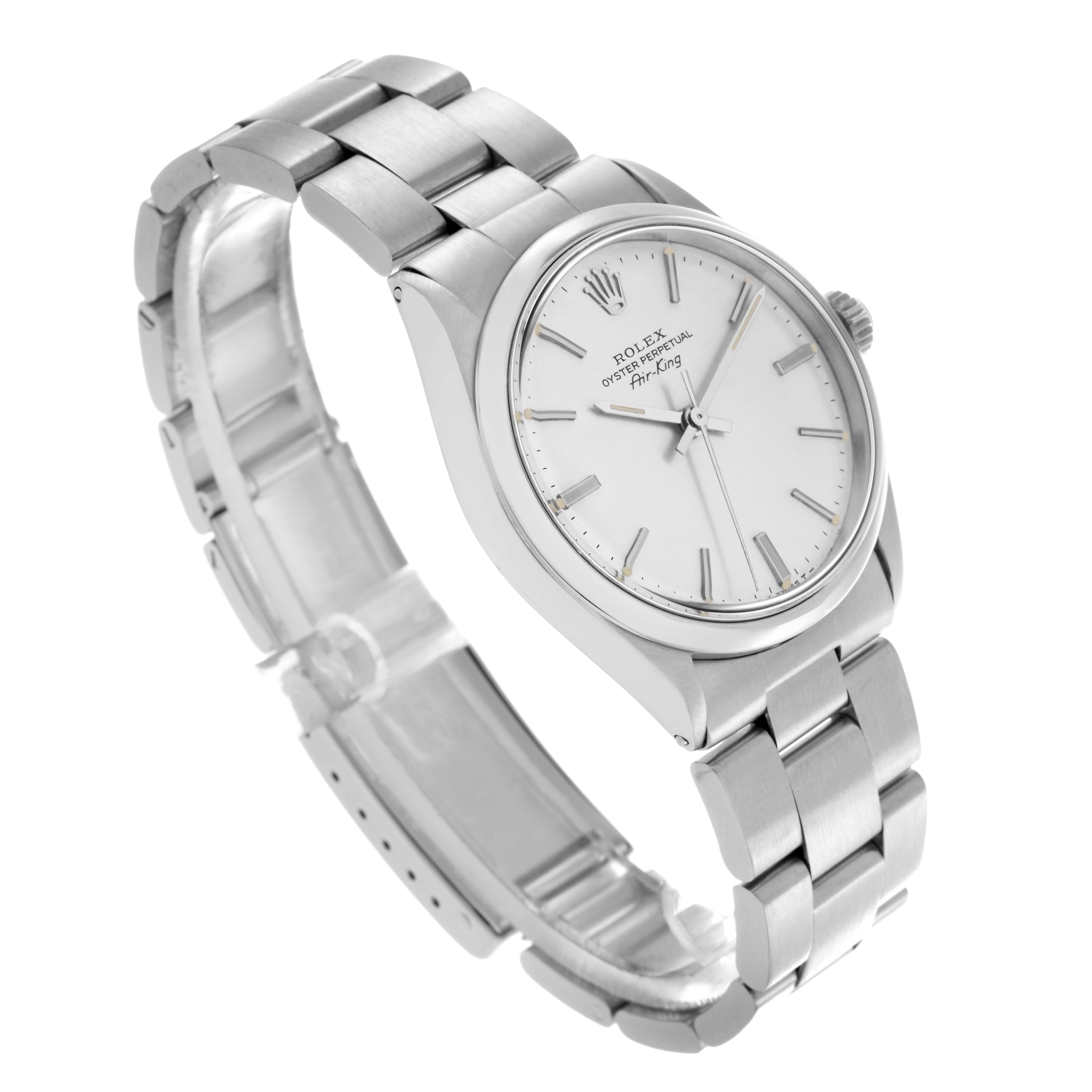 The Rolex Air-King watch is shown at a three-quarter angle, highlighting the bracelet, case, and dial.