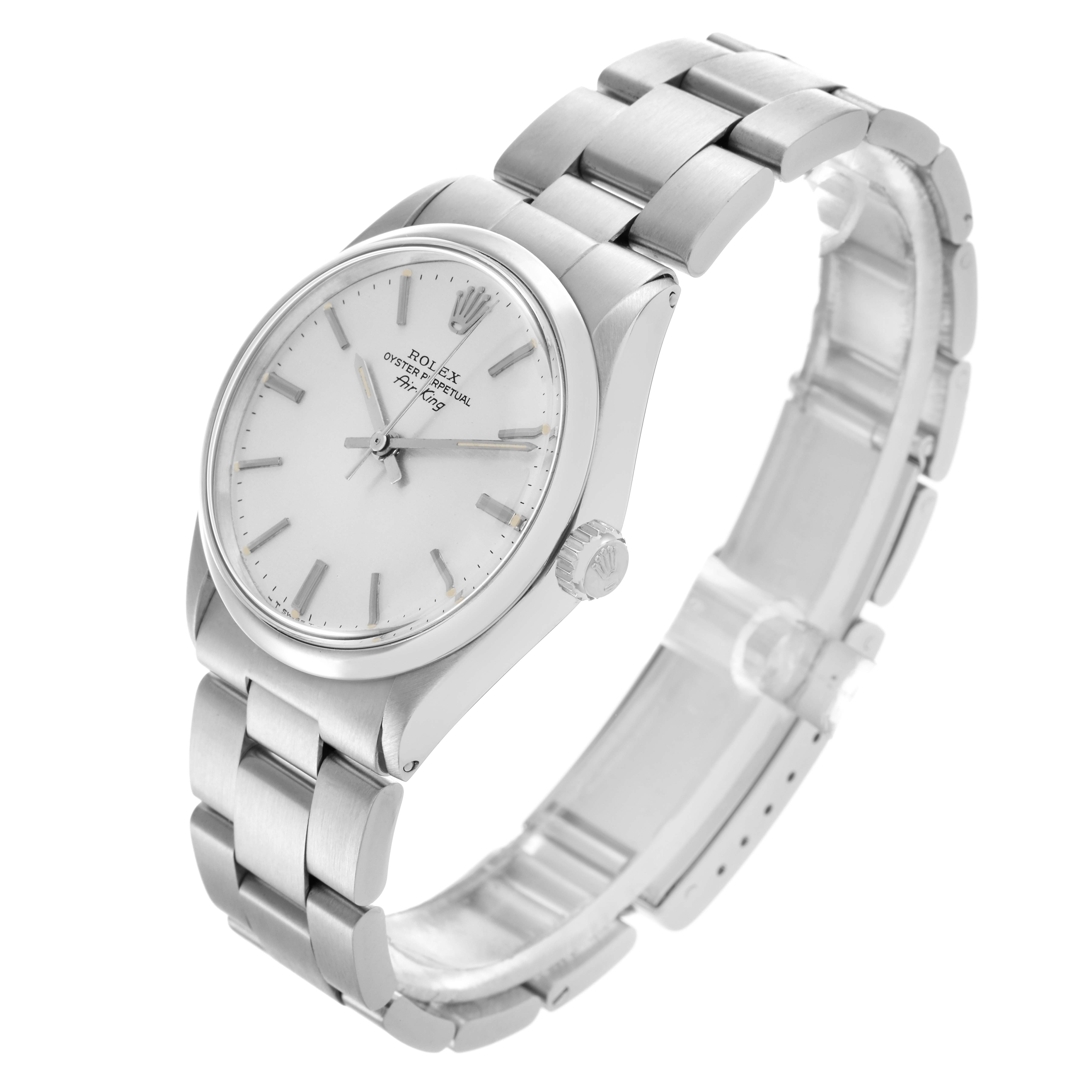 The Rolex Air-King watch is shown at a three-quarter angle, displaying the dial, bracelet, and crown.