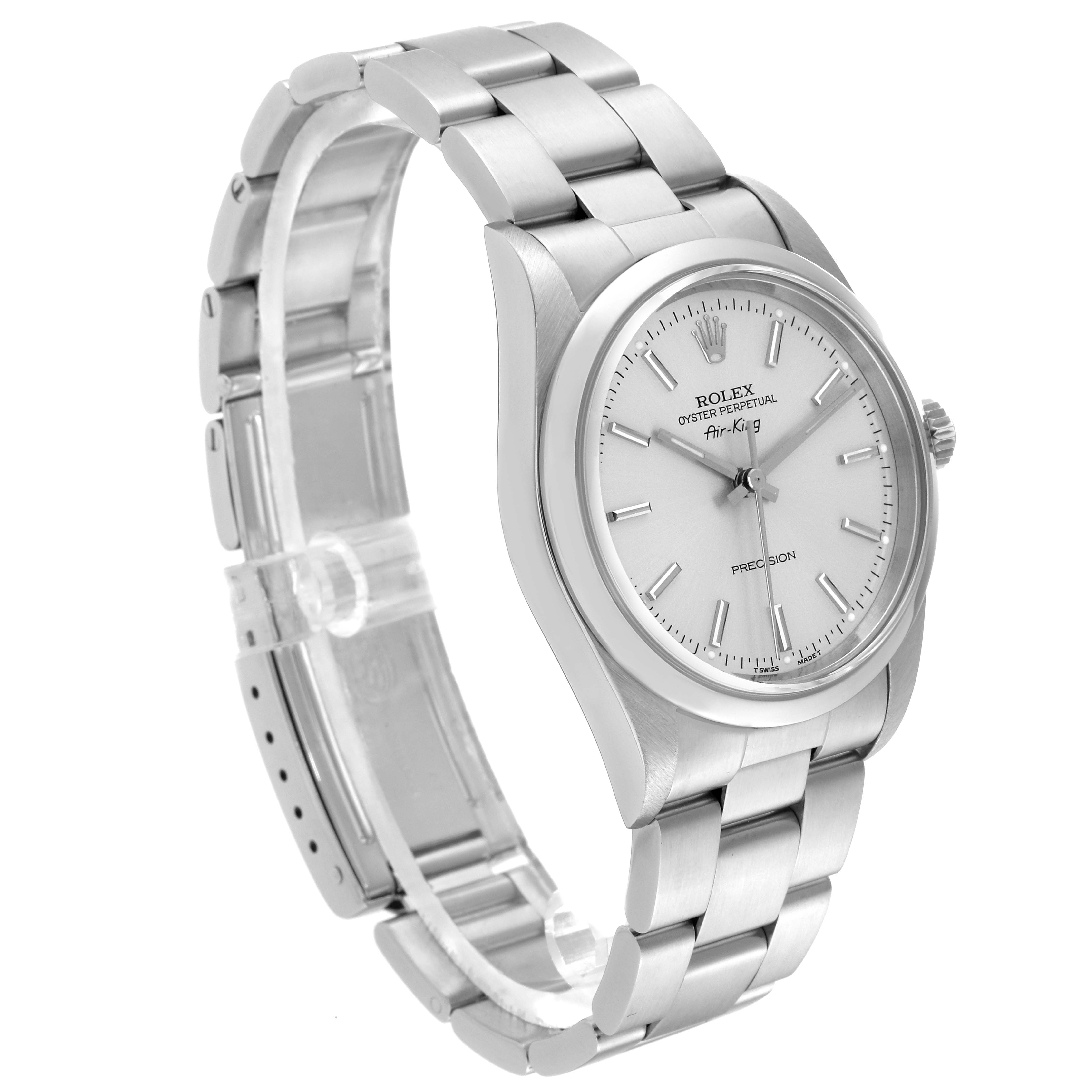 The Rolex Air-King 14000 Men's Stainless Steel Silver Dial 14000 Men's Stainless Steel Silver Dial watch is shown at a slight angle, displaying the face, bezel, bracelet, and clasp.