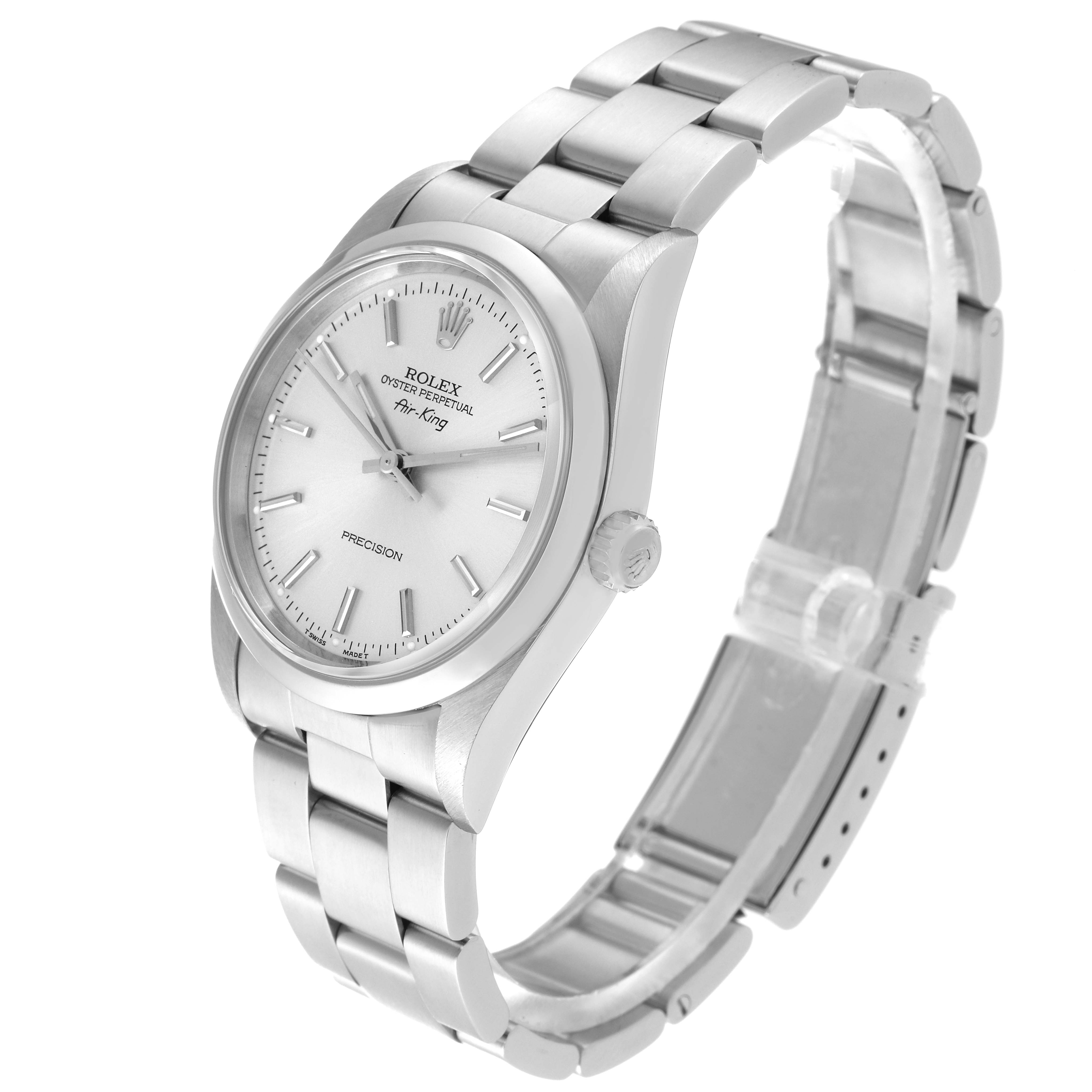 The Rolex Air-King 14000 Men's Stainless Steel Silver Dial 14000 Men's Stainless Steel Silver Dial watch is shown at an angle, highlighting the face, bracelet, and clasp.