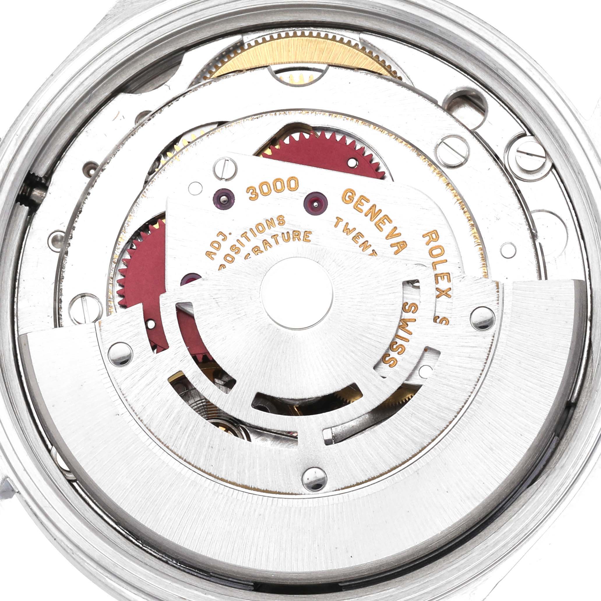 This image shows the internal movement mechanism of the Rolex Air-King 14000 Men's Stainless Steel Silver Dial 14000 Men's Stainless Steel Silver Dial watch, focusing on the gears and inscriptions.
