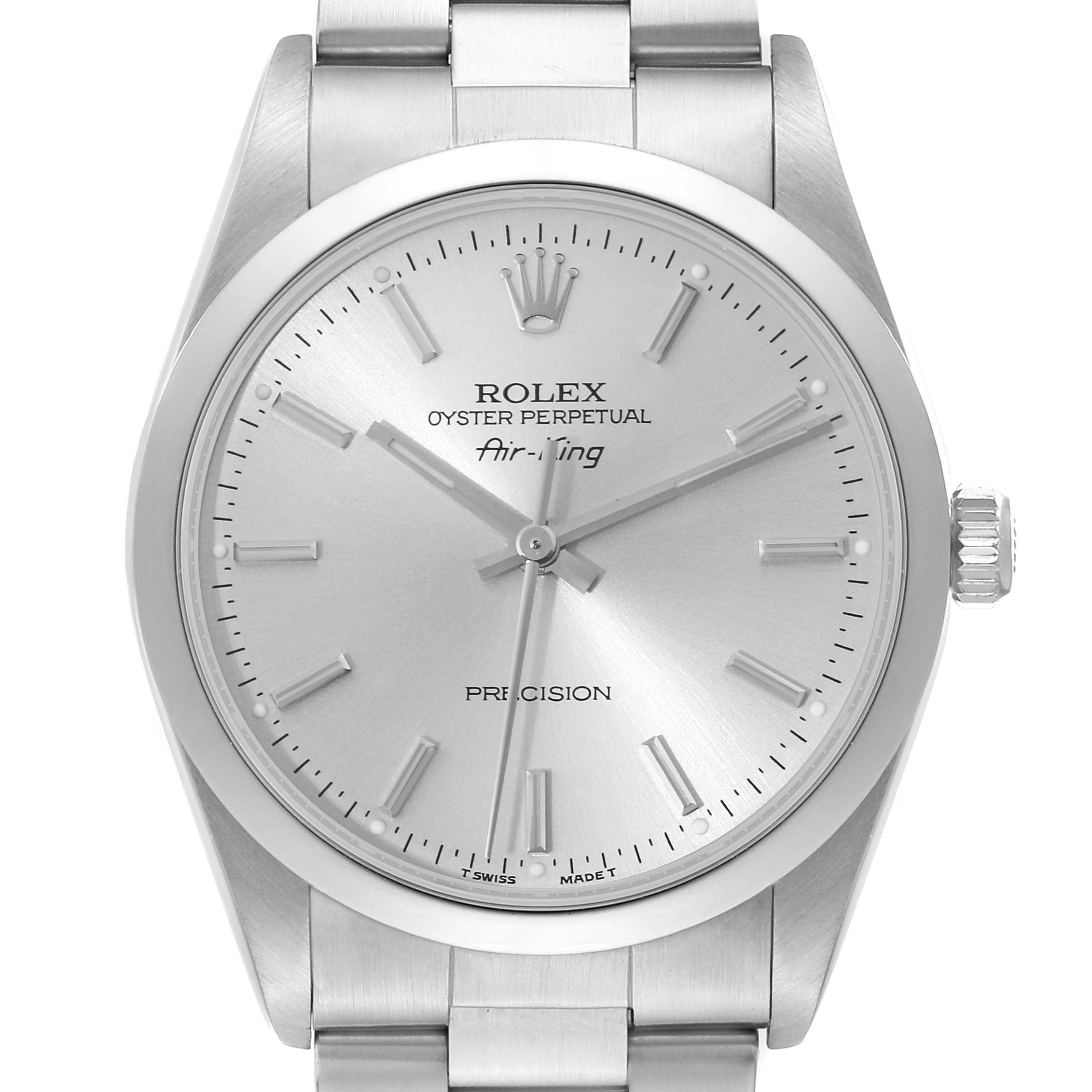 The image shows a front view of the Rolex Air-King 14000 Men's Stainless Steel Silver Dial 14000 Men's Stainless Steel Silver Dial watch, highlighting the dial, case, and part of the bracelet.