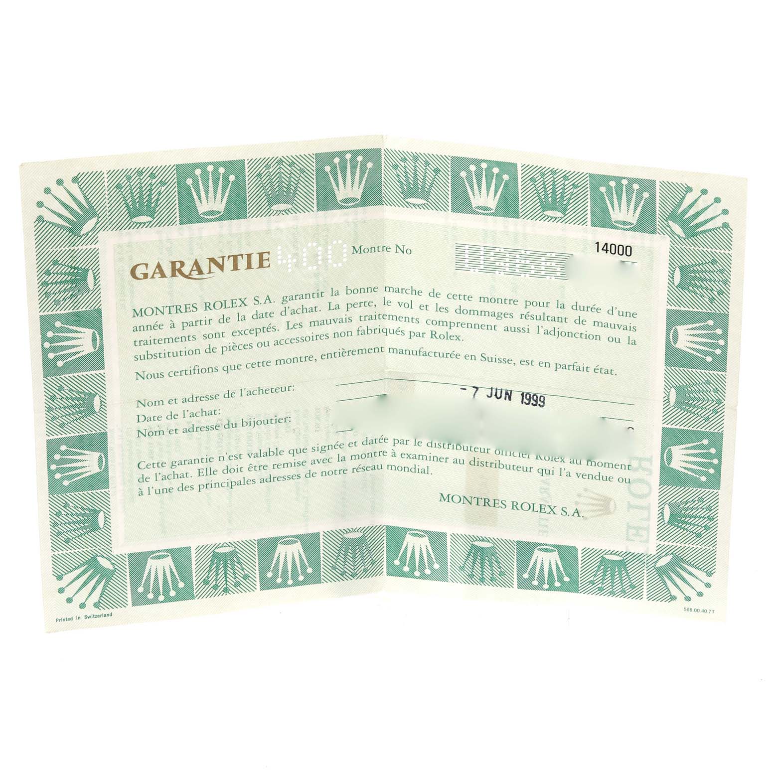 This image shows the warranty certificate for the Rolex Air-King 14000 Men's Stainless Steel Silver Dial 14000 Men's Stainless Steel Silver Dial watch.