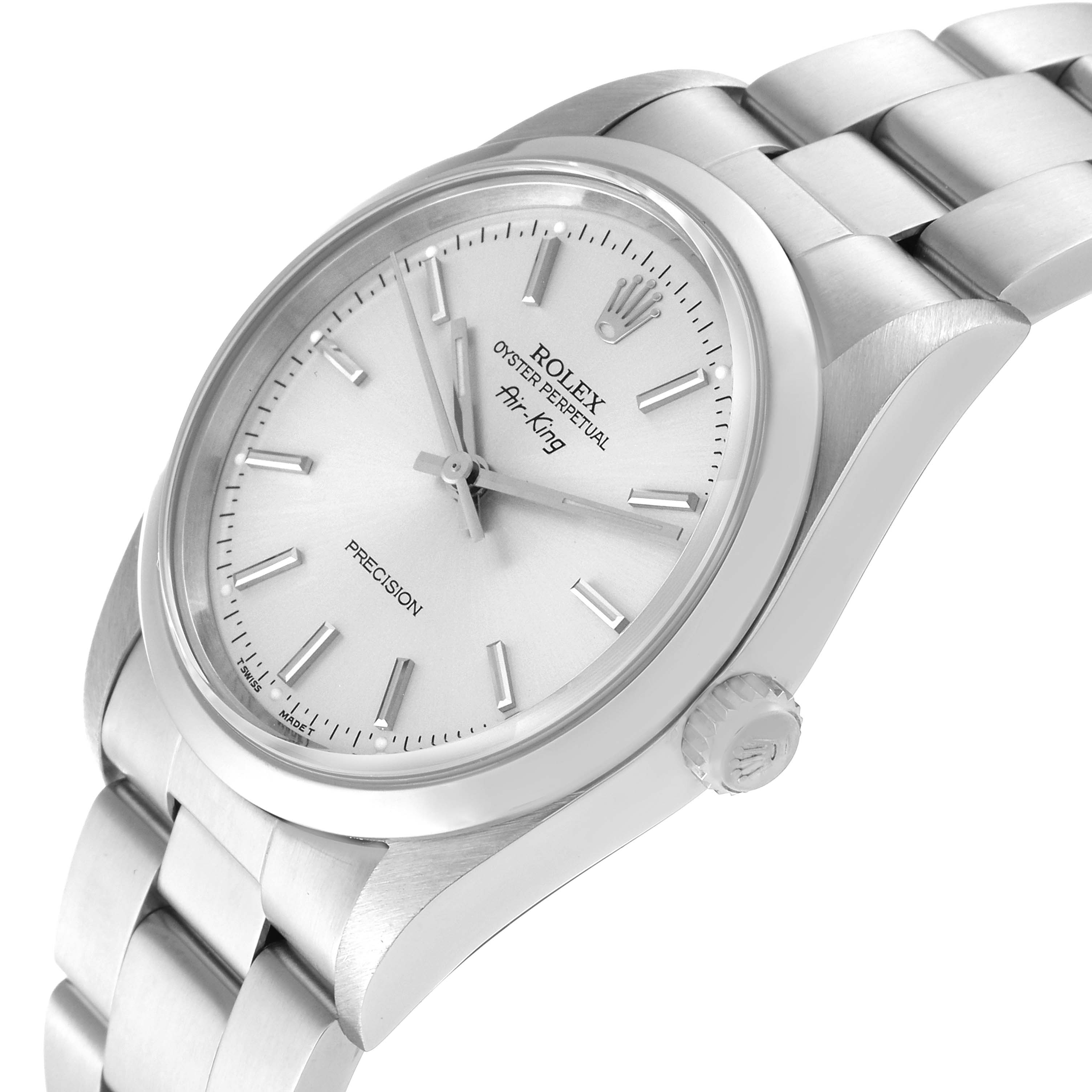 The image shows a side angle of the Rolex Air-King 14000 Men's Stainless Steel Silver Dial 14000 Men's Stainless Steel Silver Dial watch, highlighting the dial, bezel, crown, and part of the stainless steel bracelet.