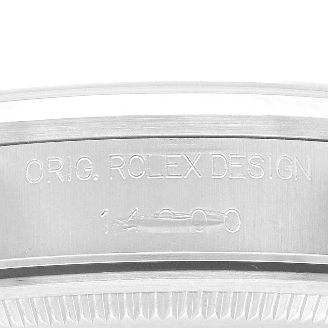 The image shows an up-close view of the case side engraving on the Rolex Air-King 14000 Men's Stainless Steel Silver Dial 14000 Men's Stainless Steel Silver Dial watch.