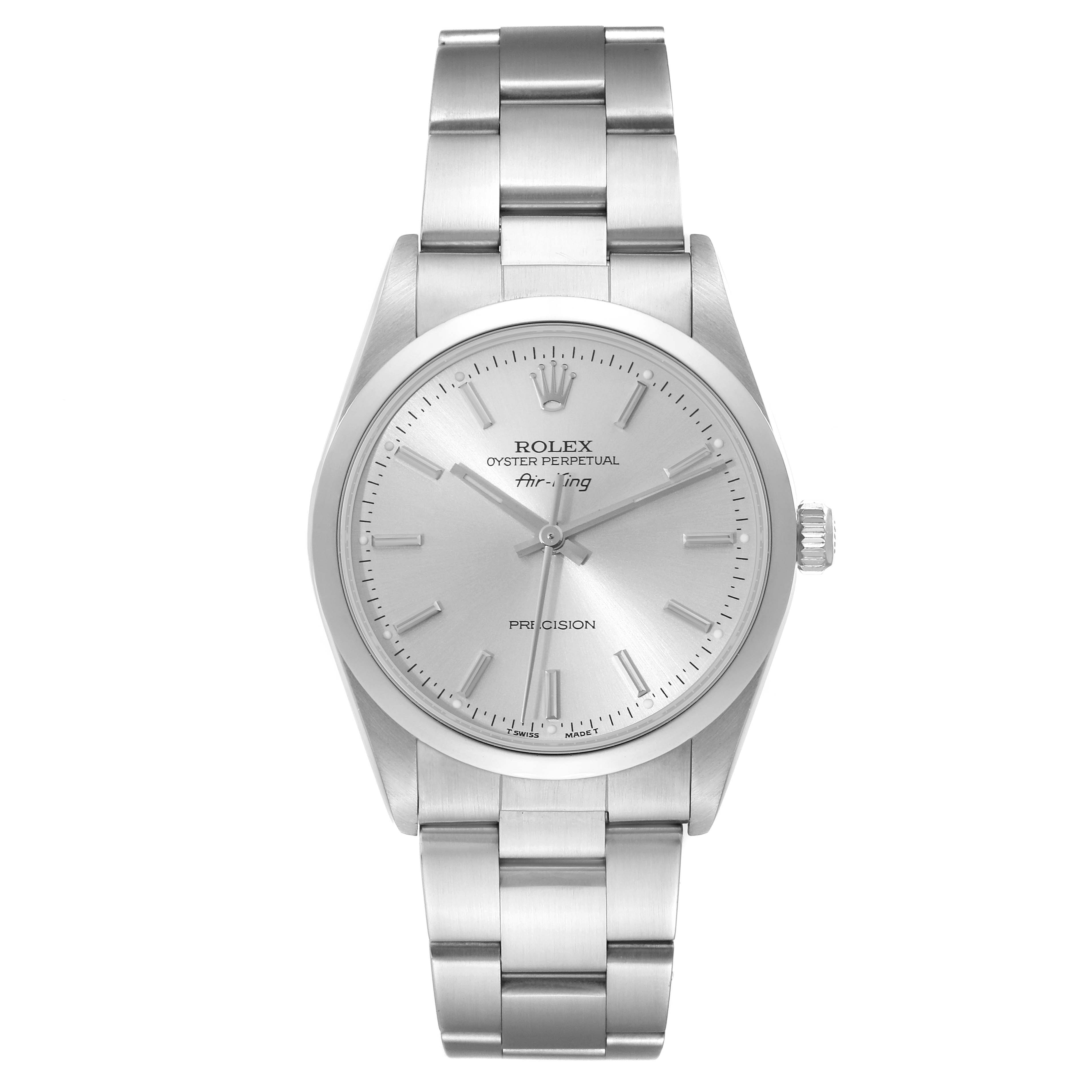 The image shows a front view of the Rolex Air-King 14000 Men's Stainless Steel Silver Dial 14000 Men's Stainless Steel Silver Dial watch, highlighting the face, bezel, and bracelet.