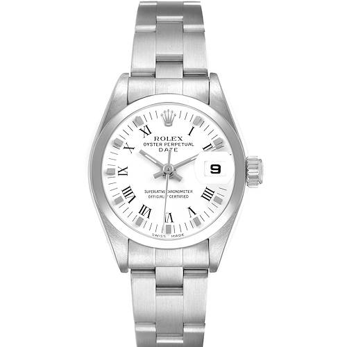 The Rolex Date 79160 Women's Stainless Steel White Dial model is shown from a straight-on angle, displaying the bracelet, crown, and dial with Roman numerals and a date window.