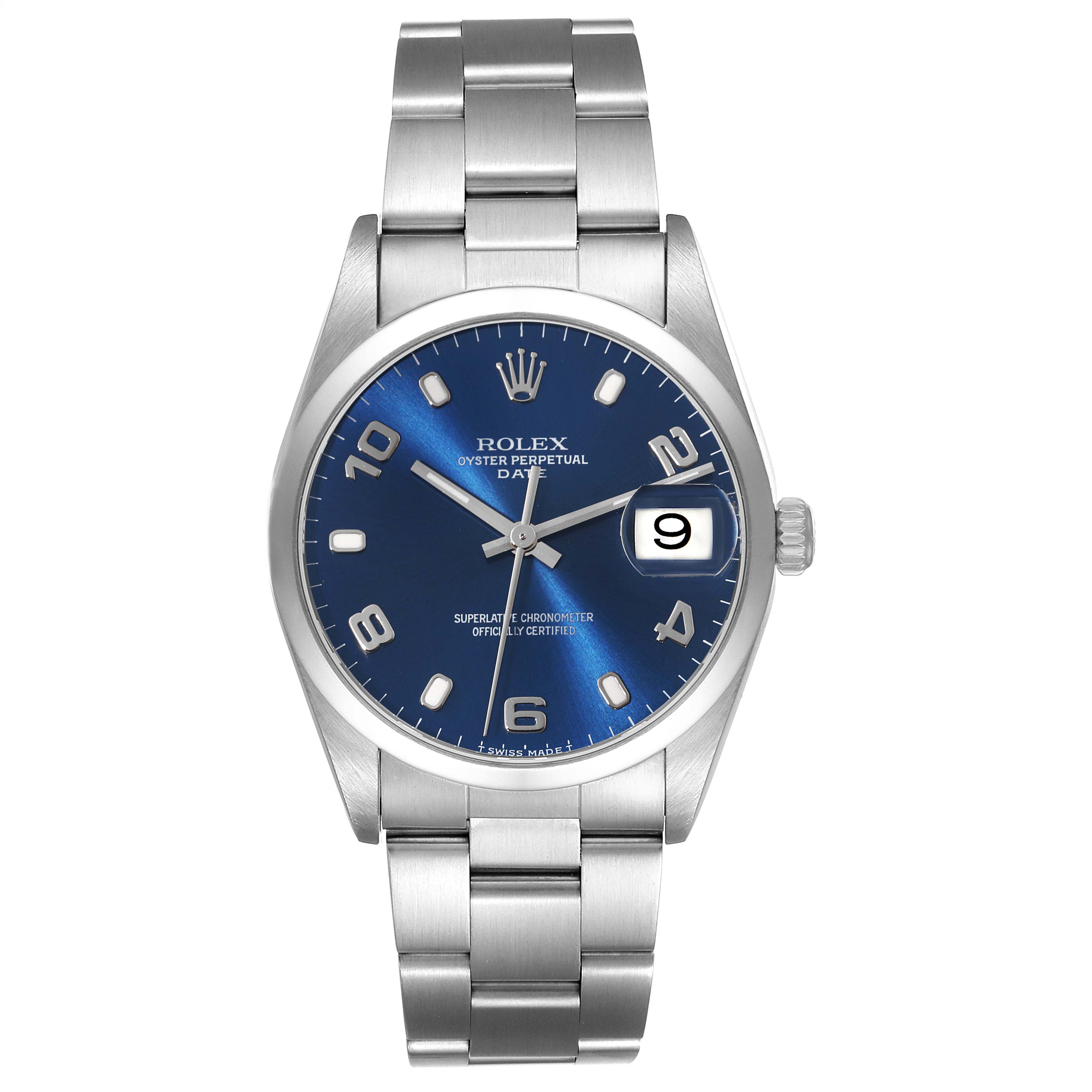 The image shows a front view of a Rolex Oyster Perpetual Date watch with a blue dial and stainless steel bracelet.