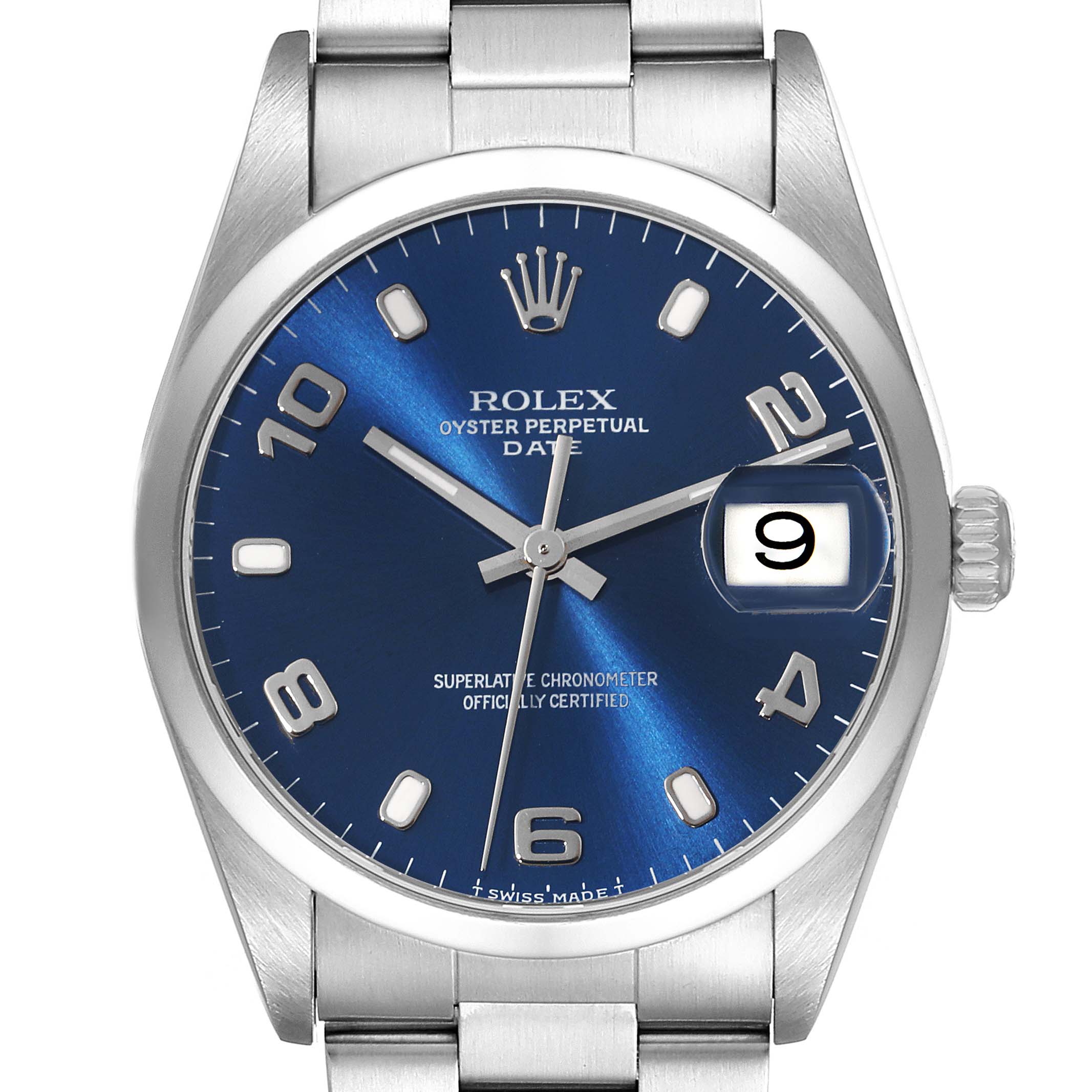 The Rolex Date 15200 Men's Stainless Steel Blue Dial 15200 Men's Stainless Steel Blue Dial watch is shown from a front angle, displaying its blue dial, date window, and stainless steel bracelet.