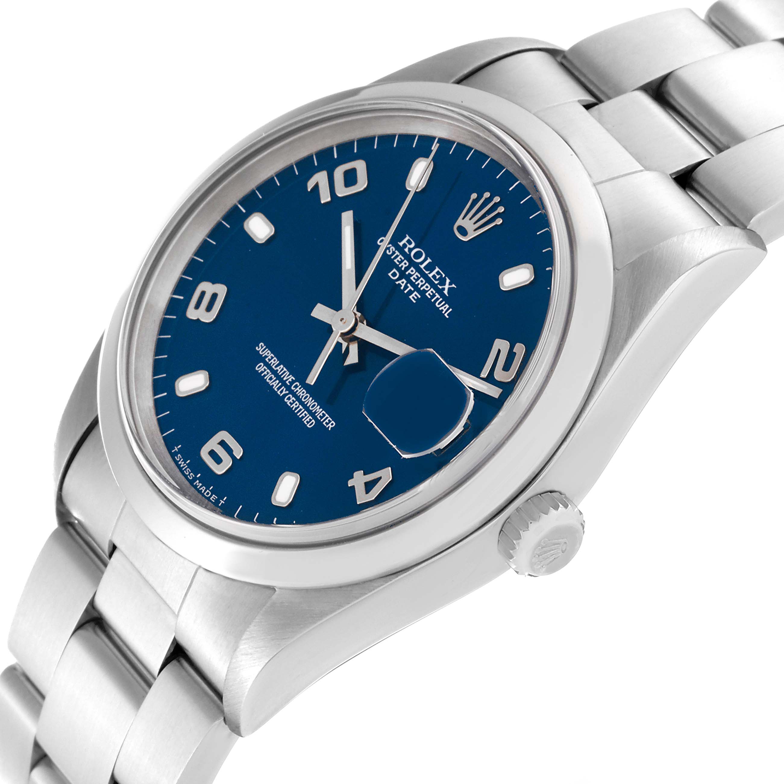 This image shows a Rolex Date 15200 Men's Stainless Steel Blue Dial 15200 Men's Stainless Steel Blue Dial model watch at a slight angle, highlighting the dial, bezel, crown, and part of the bracelet.