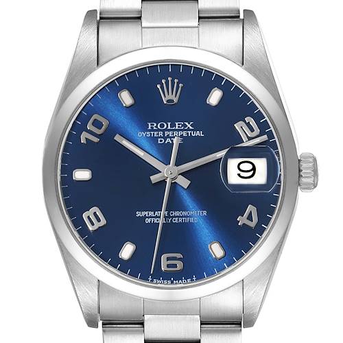 Photo of Rolex Date Blue Dial Oyster Bracelet Steel Mens Watch 15200 Papers