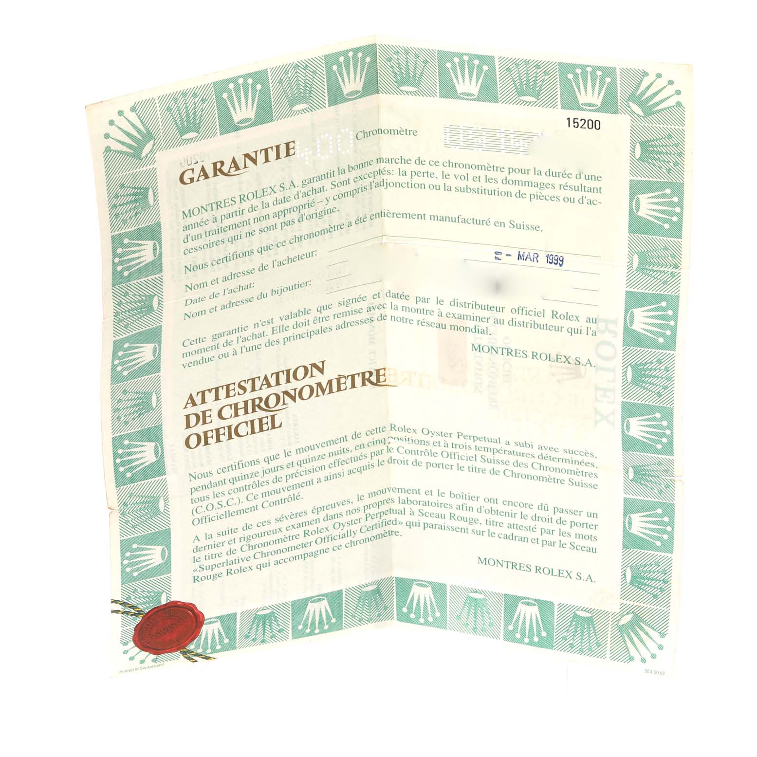 The image shows a Rolex Date 15200 Men's Stainless Steel Blue Dial 15200 Men's Stainless Steel Blue Dial model warranty and certification document, unfolded and viewed from the front.