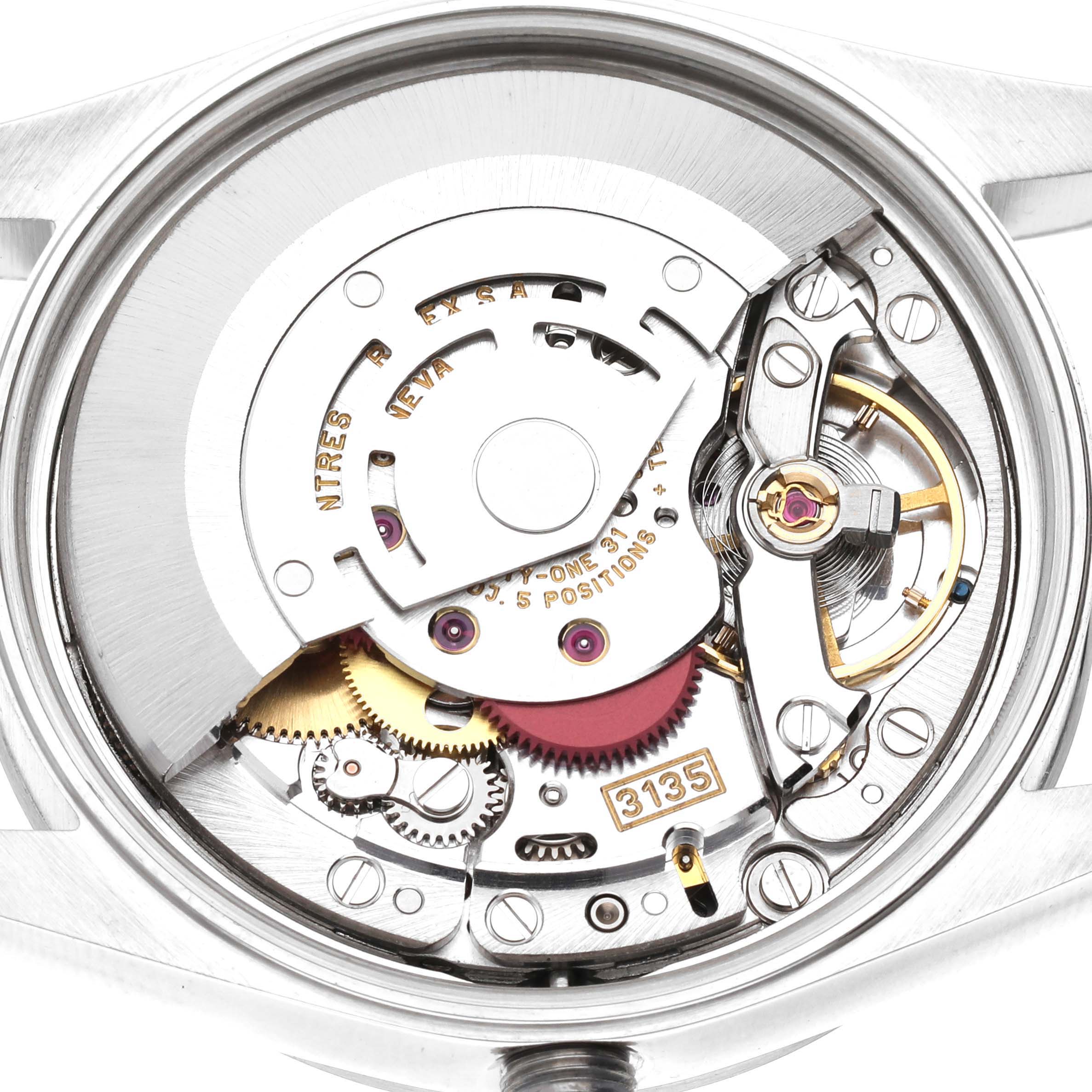 The image shows the exposed movement mechanism of a Rolex Date 15200 Men's Stainless Steel Blue Dial 15200 Men's Stainless Steel Blue Dial model watch, viewed from the back.